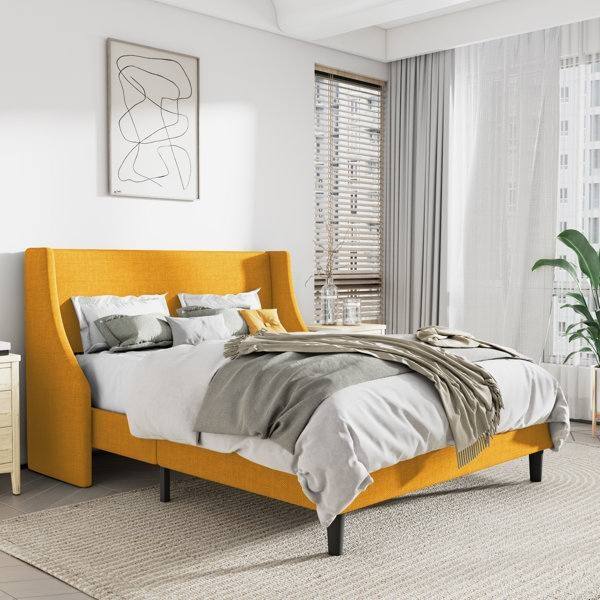 Angle. Hivvago - Hivvago Queen Size Linen Blend Upholstered Platform Bed with Wingback Headboard - Yellow.