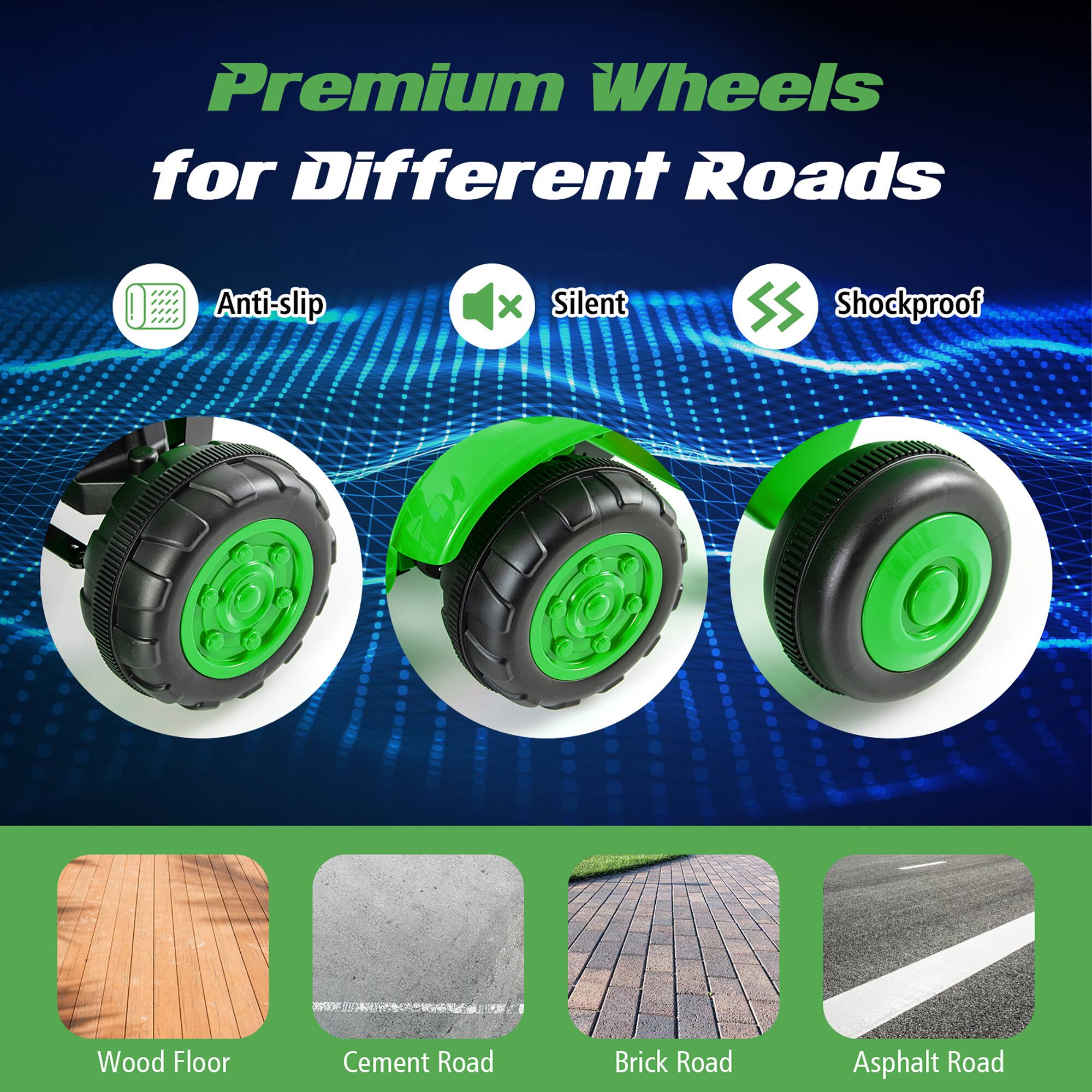 Premium Wheels for Different Roads

- Anti-slip
- Silent
- Shockproof

Wood Floor  
Cement Road  
Brick Road  
Asphalt Road