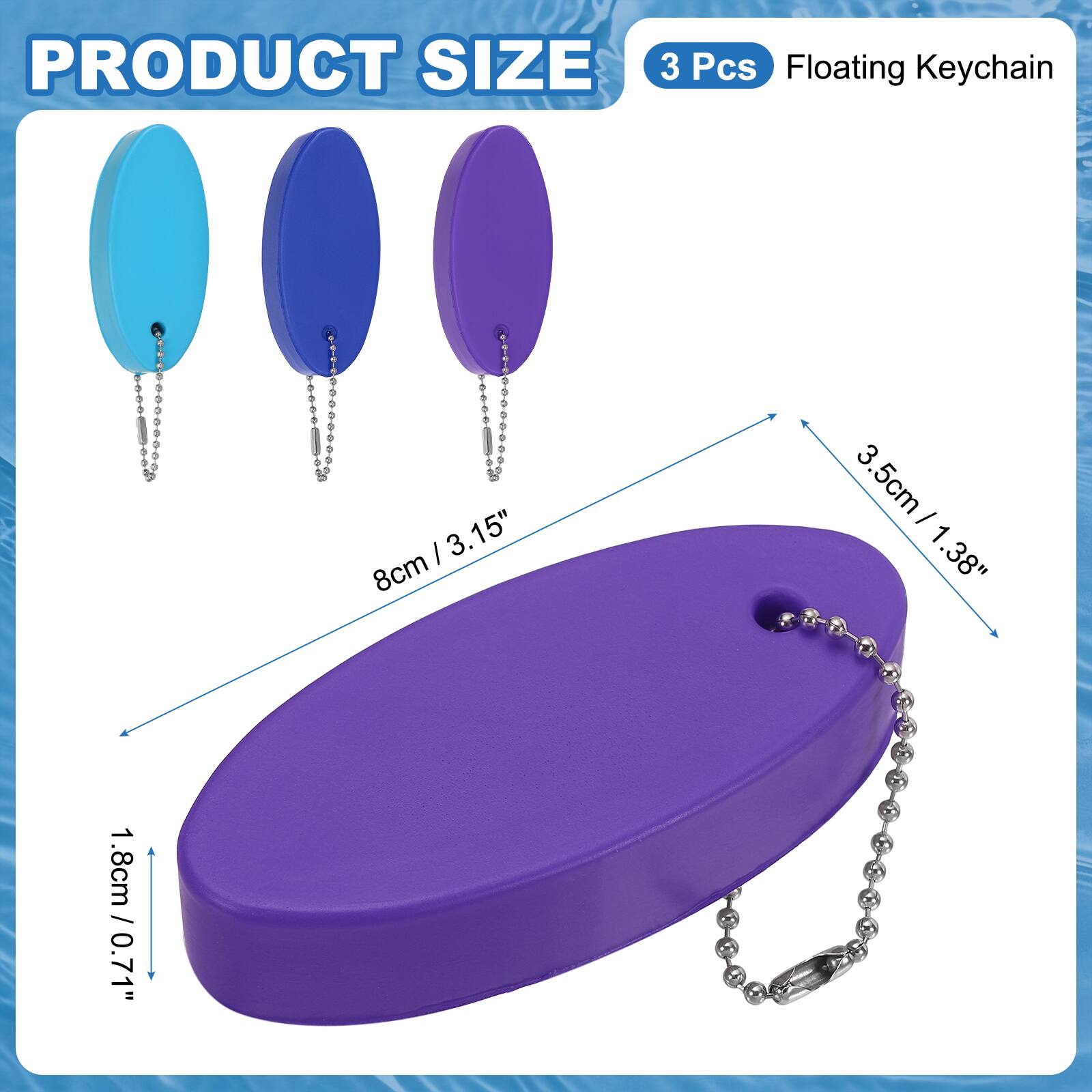PRODUCT SIZE

3 Pcs Floating Keychain

8cm / 3.15"  
3.5cm / 1.38"  
1.8cm / 0.71"