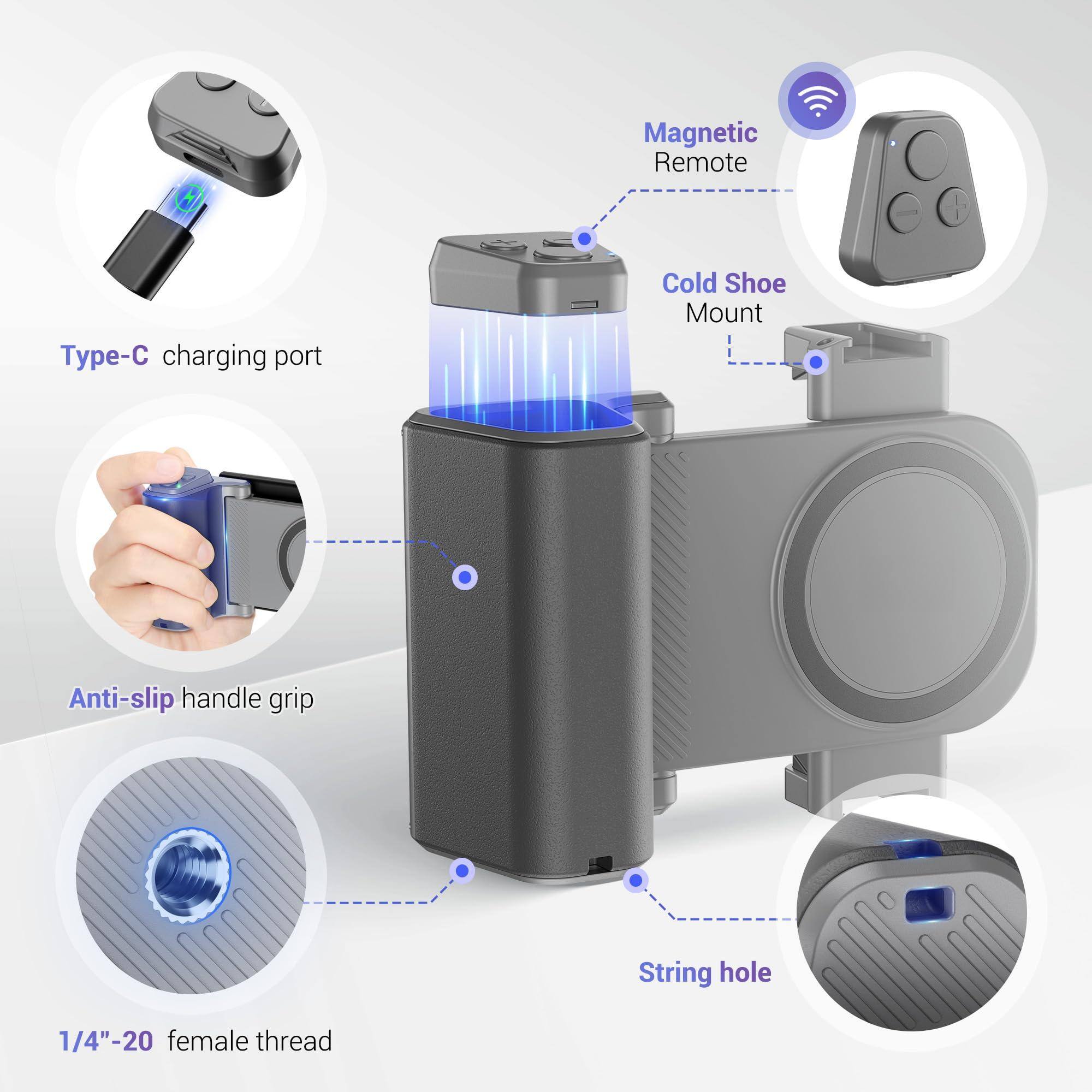 - Magnetic Remote
- Type-C charging port
- Cold Shoe Mount
- Anti-slip handle grip
- 1/4"-20 female thread
- String hole