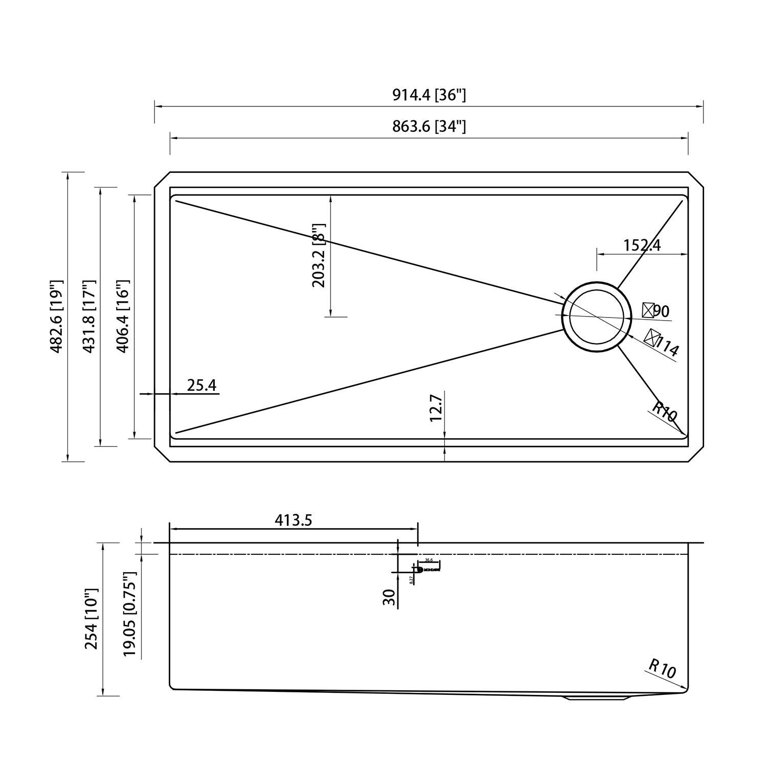 914.4 [36"] 863.6 [34"] 482.6 [19"] 431.8 [17"] 406.4 [16"] 25.4 [8"] 203.2 12.7 152/4 X 90 X114 X1 14 R10. 413.5 [10]] 254 [0.75"] 19.05 30 R10