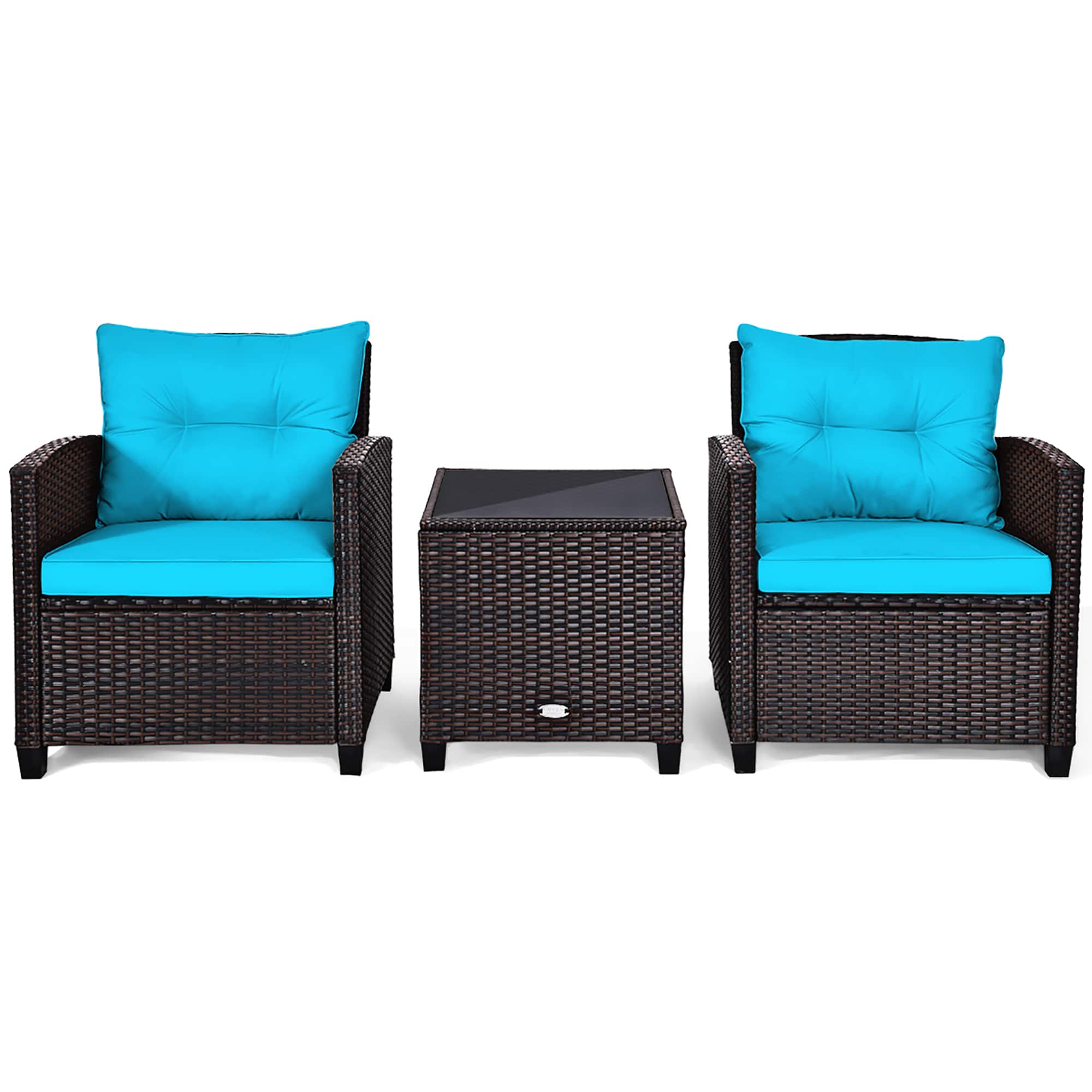Angle. Costway - 3PCS Patio Rattan Furniture Set Cushioned Conversation Set Sofa - Turquoise.