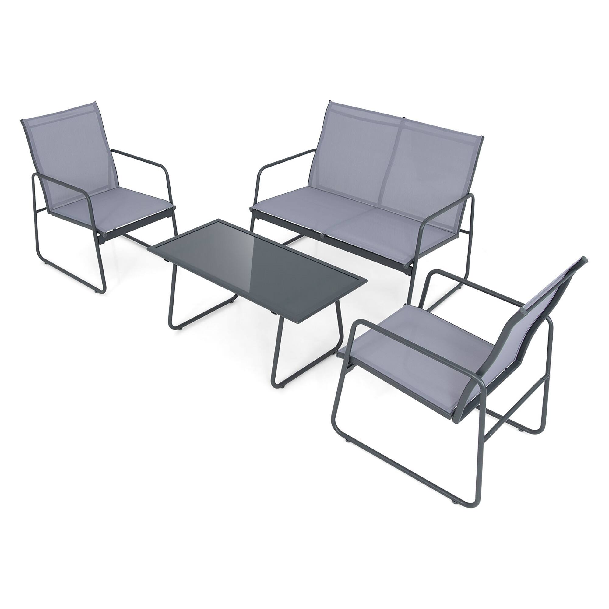 Alt View 8. Gymax - Gymax 4PCS Metal Outdoor Conversation Set Patio Furniture Set w/ Glass Table - Grey and Black.