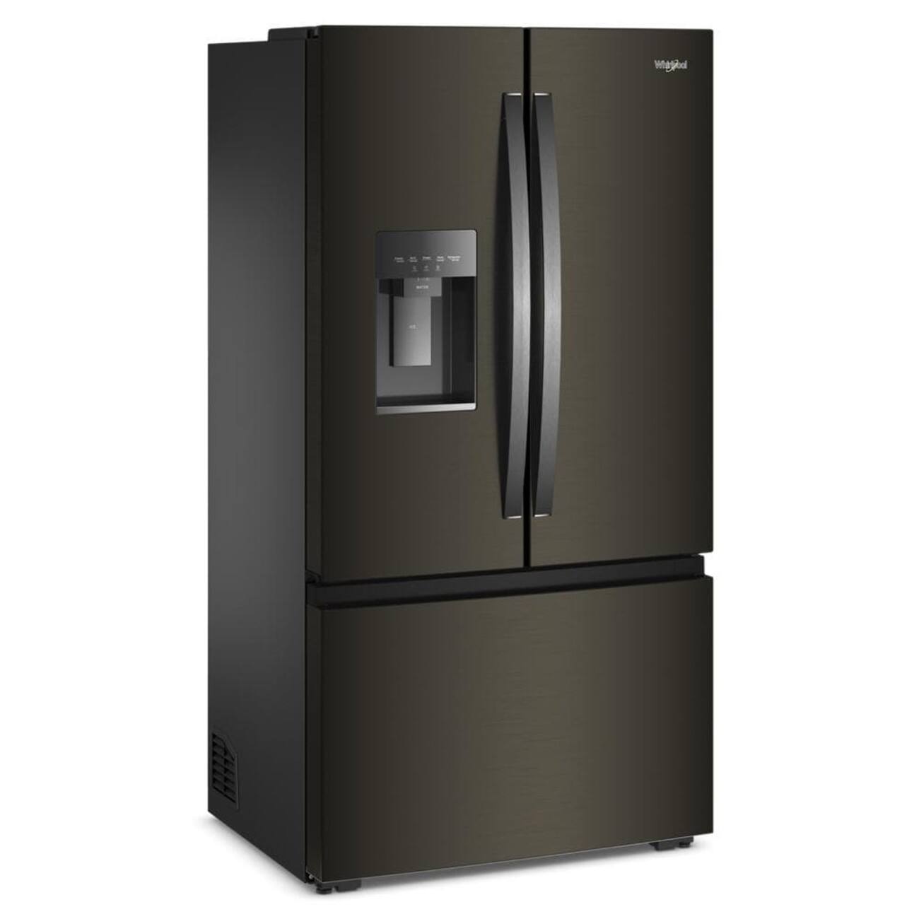 Angle. Whirlpool - 36 in. Wide 23.4 cu. ft. 3-Door French Door Counter-Depth Refrigerator - Black Stainless Finish.