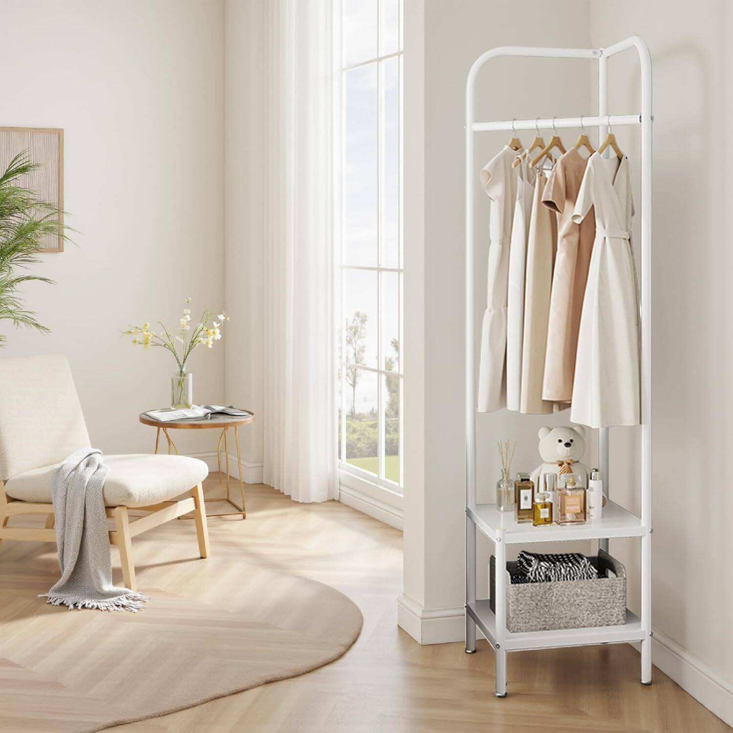 Alt View 4. Acekool - Entryway Corner Hall Tree Modern Entryway Coat Rack Metal Clothes Rack Freestanding Coat Organizer - White.