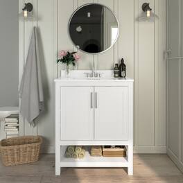 Vesta Bathroom Vanity, Single Sink Cabinet with 2 Soft Close Doors and Open Shelf, Carrara Marble Finish Countertop