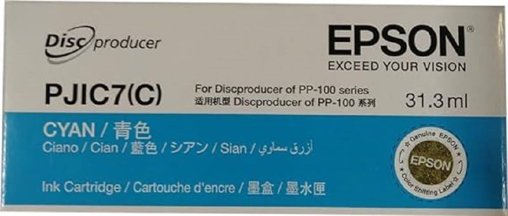 Sure, here is the corrected and grouped text from the image:

---

**Discproducer**

**EPSON**  
EXCEED YOUR VISION

**PJIC7(C)**  
For Discproducer of PP-100 series  
适用机型 Discproducer of PP-100 系列

**CYAN / 青色**  
Ciano / Cian / 藍色 / シアン / Sian / قیان / قیان

**31.3 ml**

**Ink Cartridge / Cartouche d'encre / 墨盒 / 墨水匣**

**Genuine EPSON**  
Color Shifting Label

---