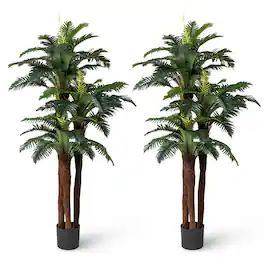 Gymax - 2 Pack Artificial Palm Tree 6.3 ft Tall Fake Tropical Plant w/ 3 Real Barks - Green
