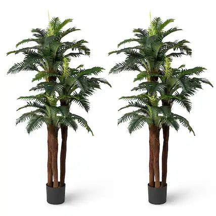 Front. Gymax - Gymax 2 Pack Artificial Palm Tree 6.3 ft Tall Fake Tropical Plant w/ 3 Real Barks - Green.