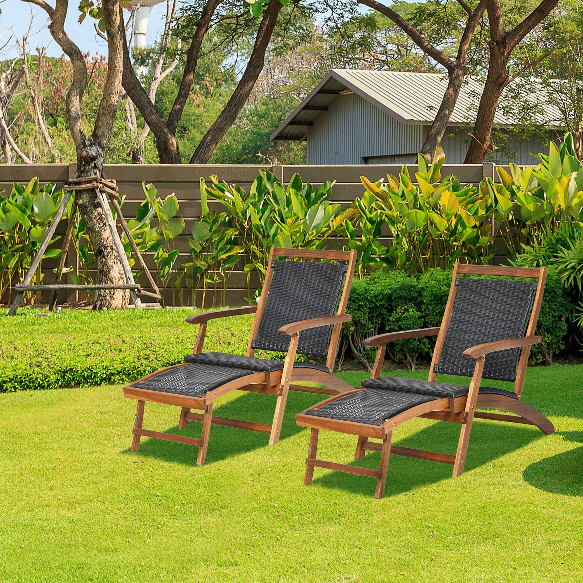 Alt View 2. Gymax - Gymax Set of 2 Folding Patio Acacia Wood Deck Chair Rattan Chaise Lounge Chair w/ Footrest - Mix Brown.