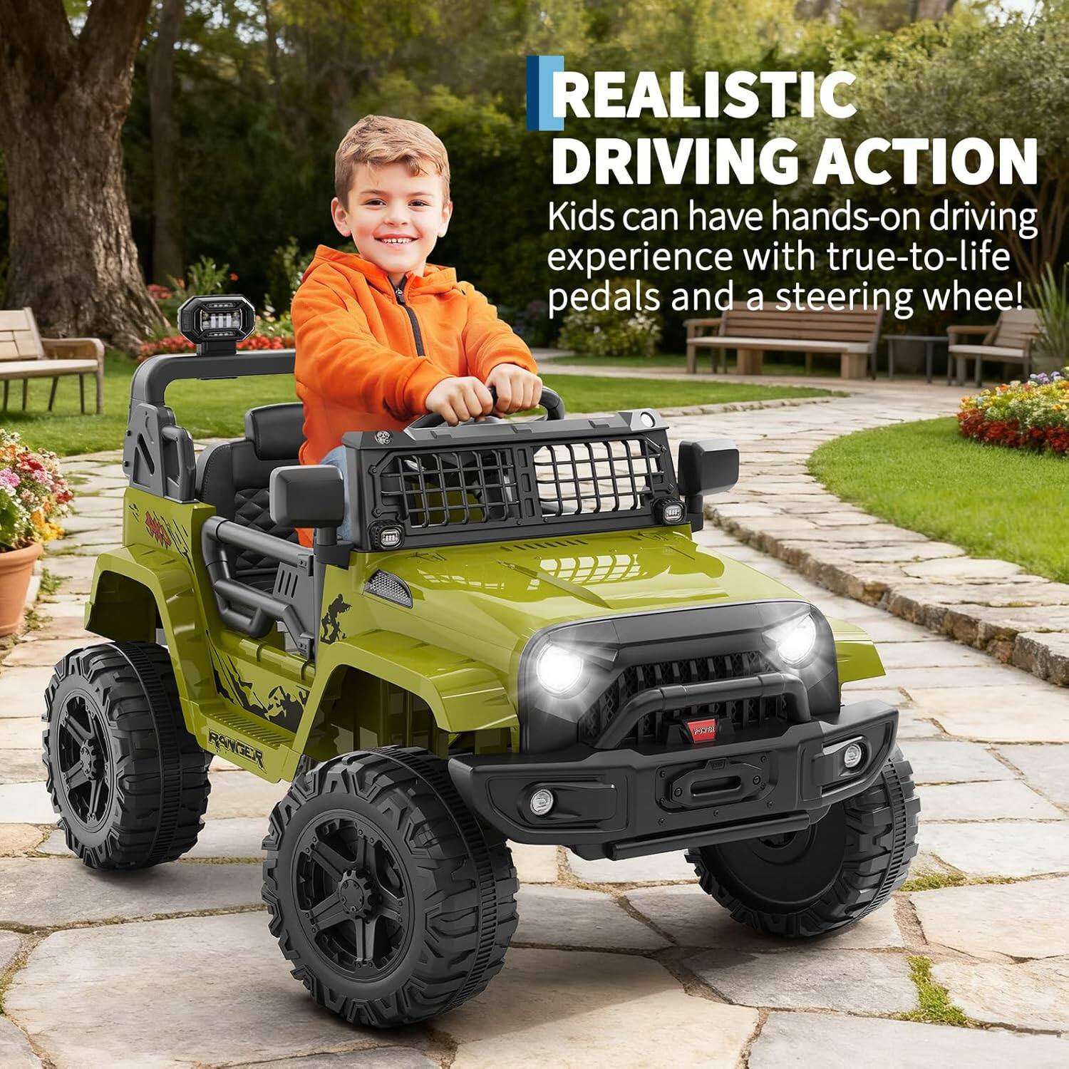 REALISTIC DRIVING ACTION  
Kids can have hands-on driving experience with true-to-life pedals and a steering wheel!