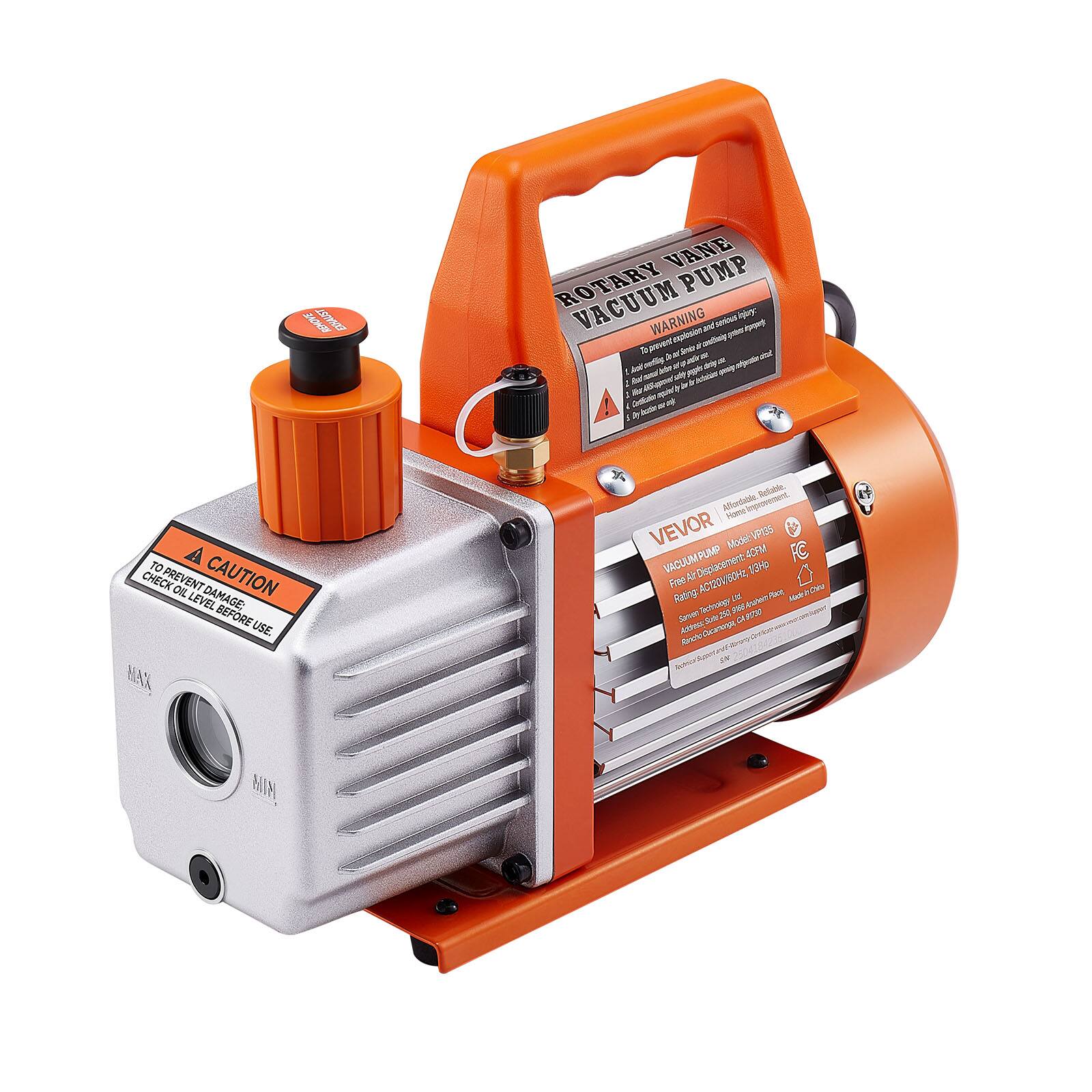 ROTARY VANE VACUUM PUMP

WARNING
To prevent damage and injury, read the following carefully:
1. Add oil to the oil tank before use.
2. Check the oil level regularly.
3. Do not use the pump without oil.
4. Do not use the pump in a confined space.

CAUTION
TO PREVENT OIL DAMAGE: CHECK OIL LEVEL BEFORE USE

VEVOR
Affordable. Reliable.
Model: VPUS
Pump: 40HM
FC VACUUM
Air Displacement: 130CFM
Free Rating: AC110V/60Hz

VACUUM PUMP
Rotary Vane
Air Displacement: 130CFM
Free Rating: AC110V/60Hz
Model: VPUS
40HM

VEVOR
Affordable. Reliable.
Model: VPUS
Pump: 40HM
FC VACUUM
Air Displacement: 130CFM
Free Rating: AC110V/60Hz

MAX
MIN