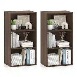 Gymax - 2PCS 3-Tier Bookshelf Wooden Bookcase w/ Adjustable Storage Shelves Freestanding Display Organizer for Living Room - Brown