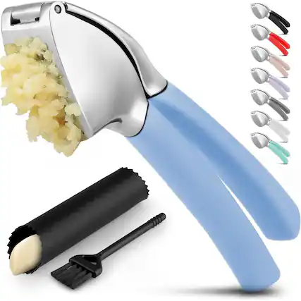 Front. Zulay Kitchen - Zulay Kitchen Garlic Press Mincer with Peeler and Brush - Baby Blue.