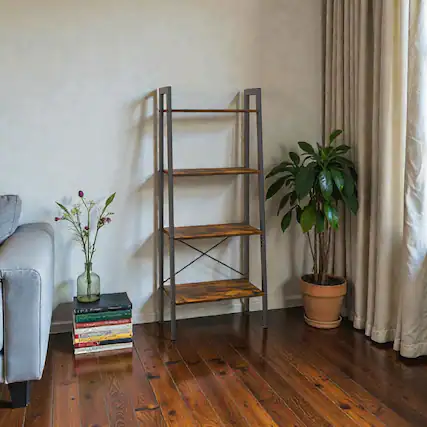 Front. Hivvago - Modern 4-Layer Storage Bookshelf with Steel Frame and Adjustable Base - Rustic Brown.