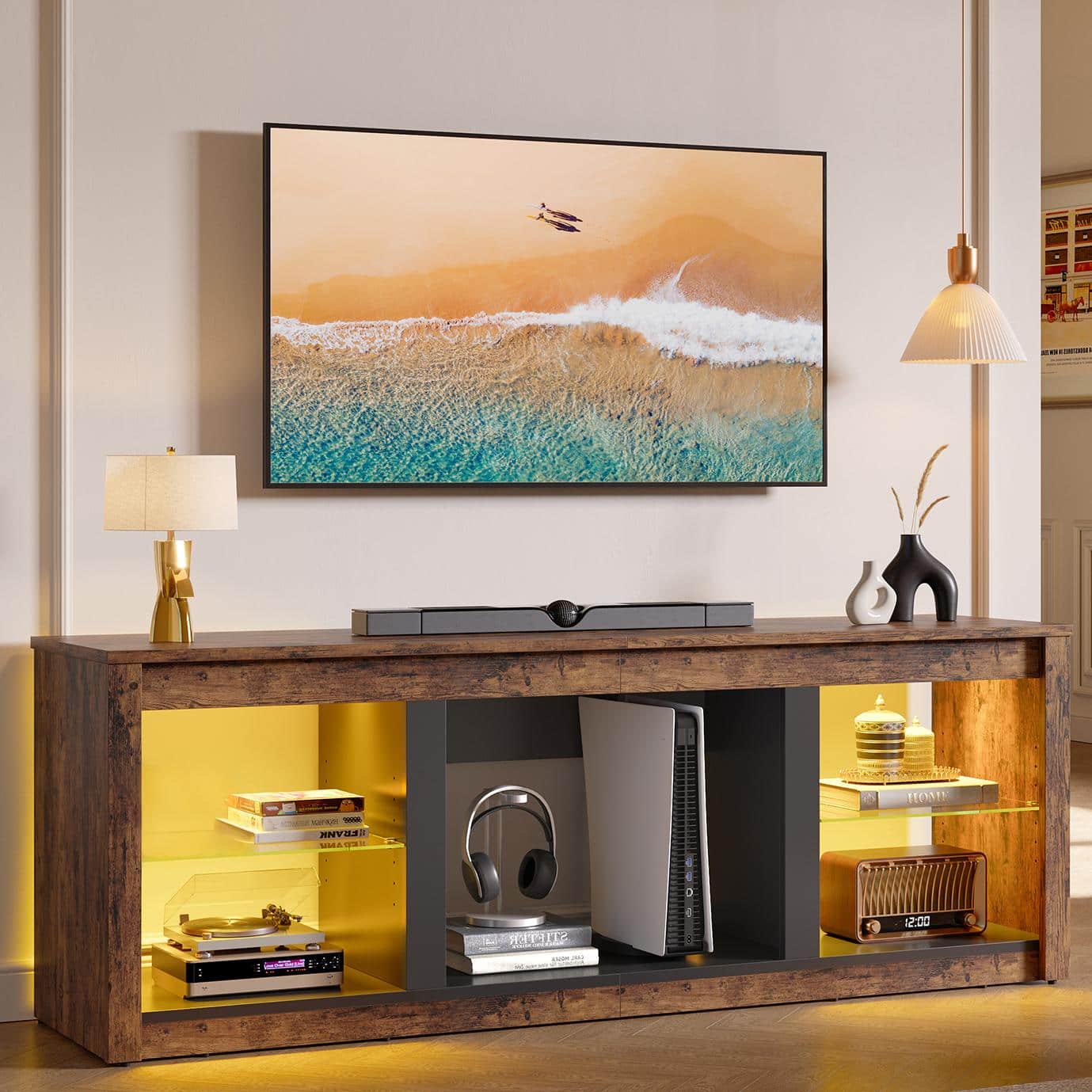 Bestier - 70" TV Stand with LED Lights and Glass Shelves for TVs up to 75" - Brown