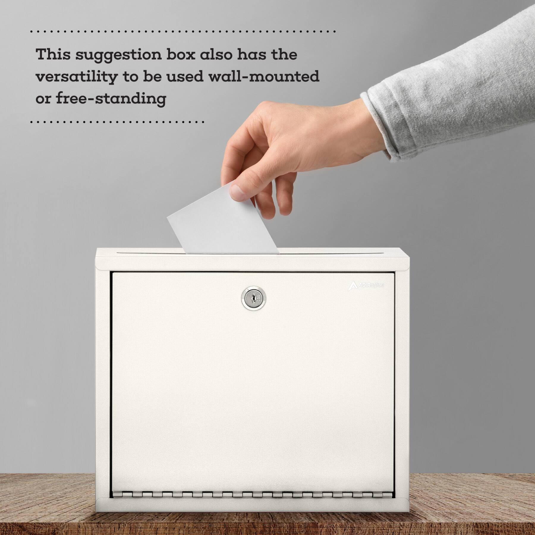 This suggestion box also has the versatility to be used wall-mounted or free-standing.