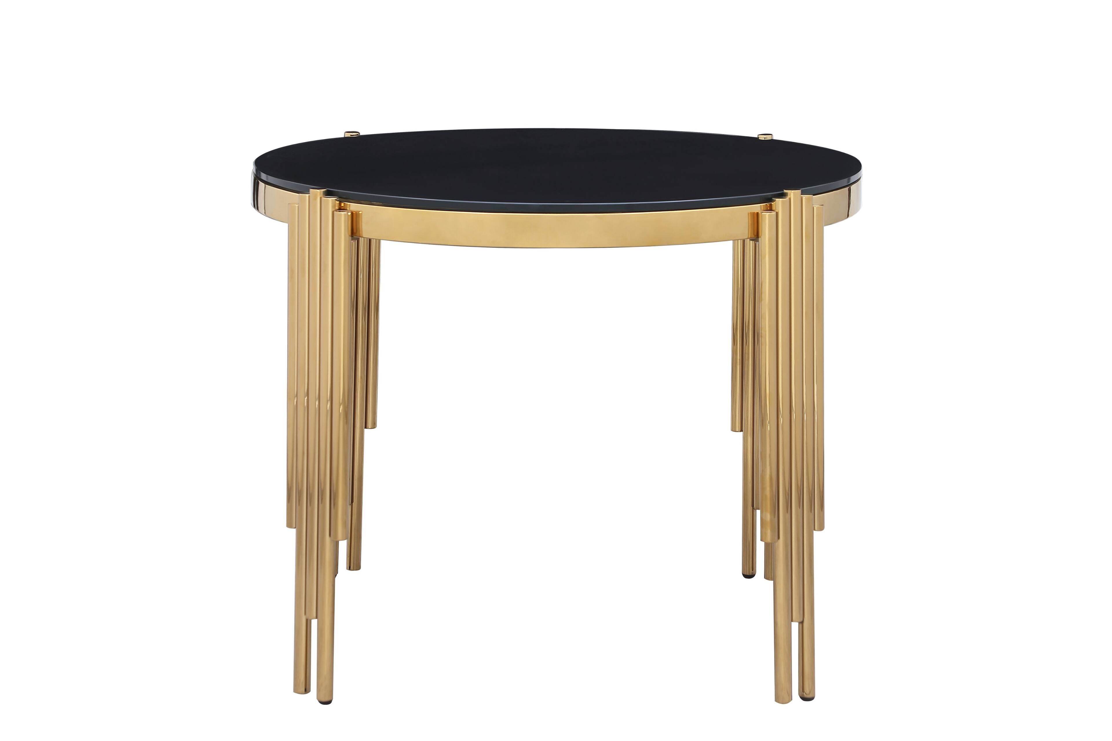 Angle. TinyHomie - 386 Round Glass Dining Table Tempered Glass Top Polished Gold Legs - Brown.