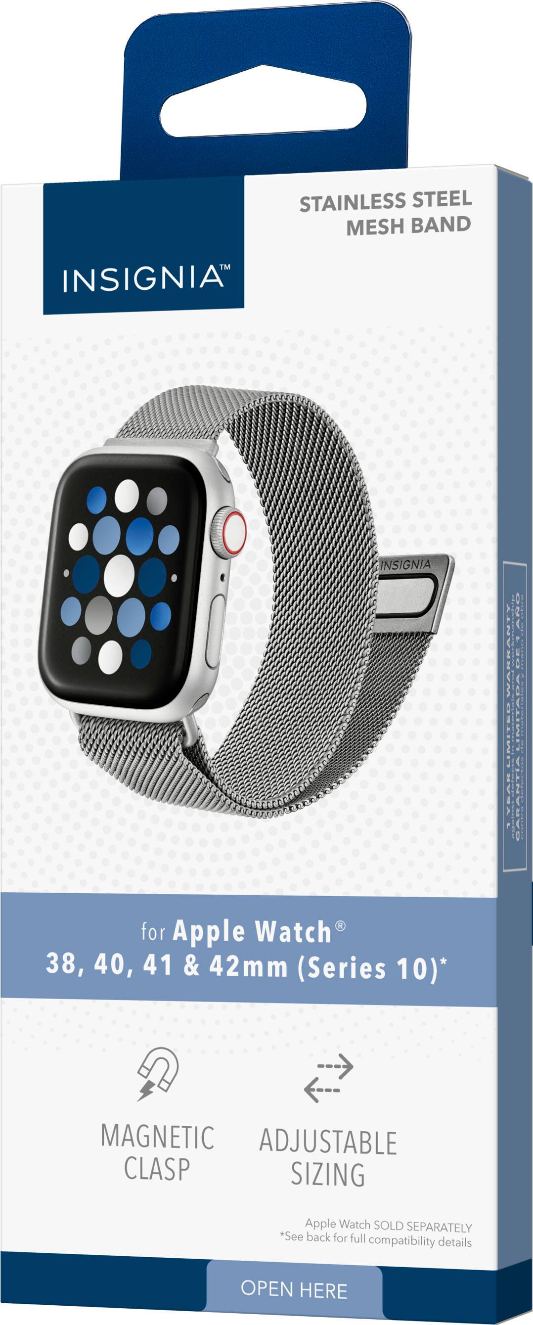 Insignia is a brand that offers a stainless steel mesh band for Apple Watch, which is compatible with 38, 40, 41, and 42mm watches. The band is magnetic and adjustable, making it easy to wear and remove. The band is designed to be used with the Apple Watch, and it is not included with the watch. The band is available in a size 10 inch, and the clasp is magnetic, allowing for easy adjustment. The back of the packaging provides full compatibility details. To use the band, simply open the package and put it on your wrist.