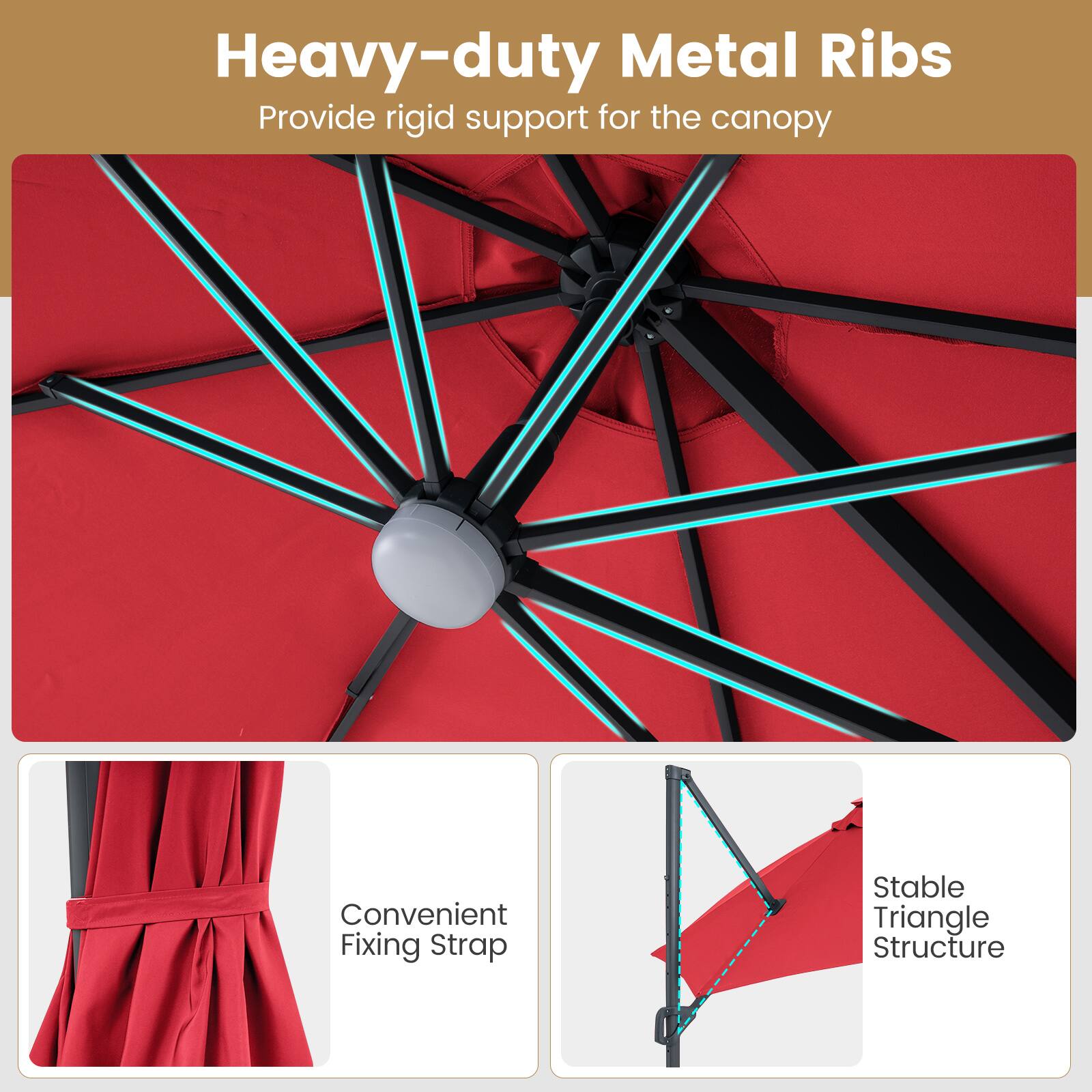 Heavy-duty Metal Ribs  
Provide rigid support for the canopy  

Convenient Fixing Strap  

Stable Triangle Structure
