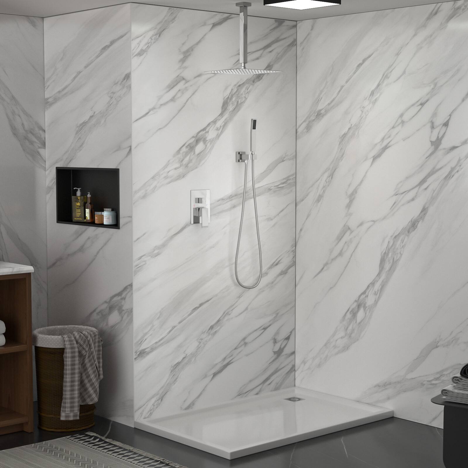 Left. Lordear - Dual Shower Head - 10 Inch Ceiling Mount Square Shower System with Rough-in Valve,Chrome - Chrome.