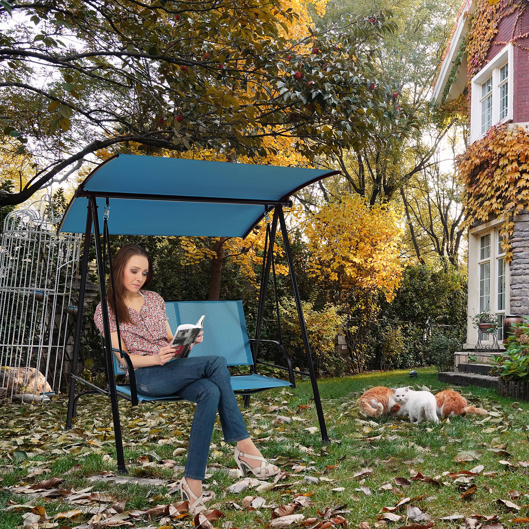 Alt View 4. Costway - Costway 2-Seat Patio Swing Porch Swing with Adjustable Canopy for Garden - Blue.