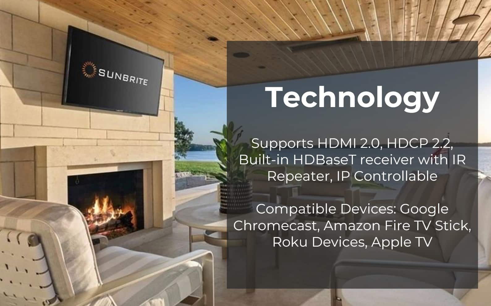 Technology supports HDMI 2.0, HDCP 2.2, built-in HDBaseT receiver with IR repeater, IP controllable. Compatible devices include Google Chromecast, Amazon Fire TV Stick, Roku devices, and Apple TV.