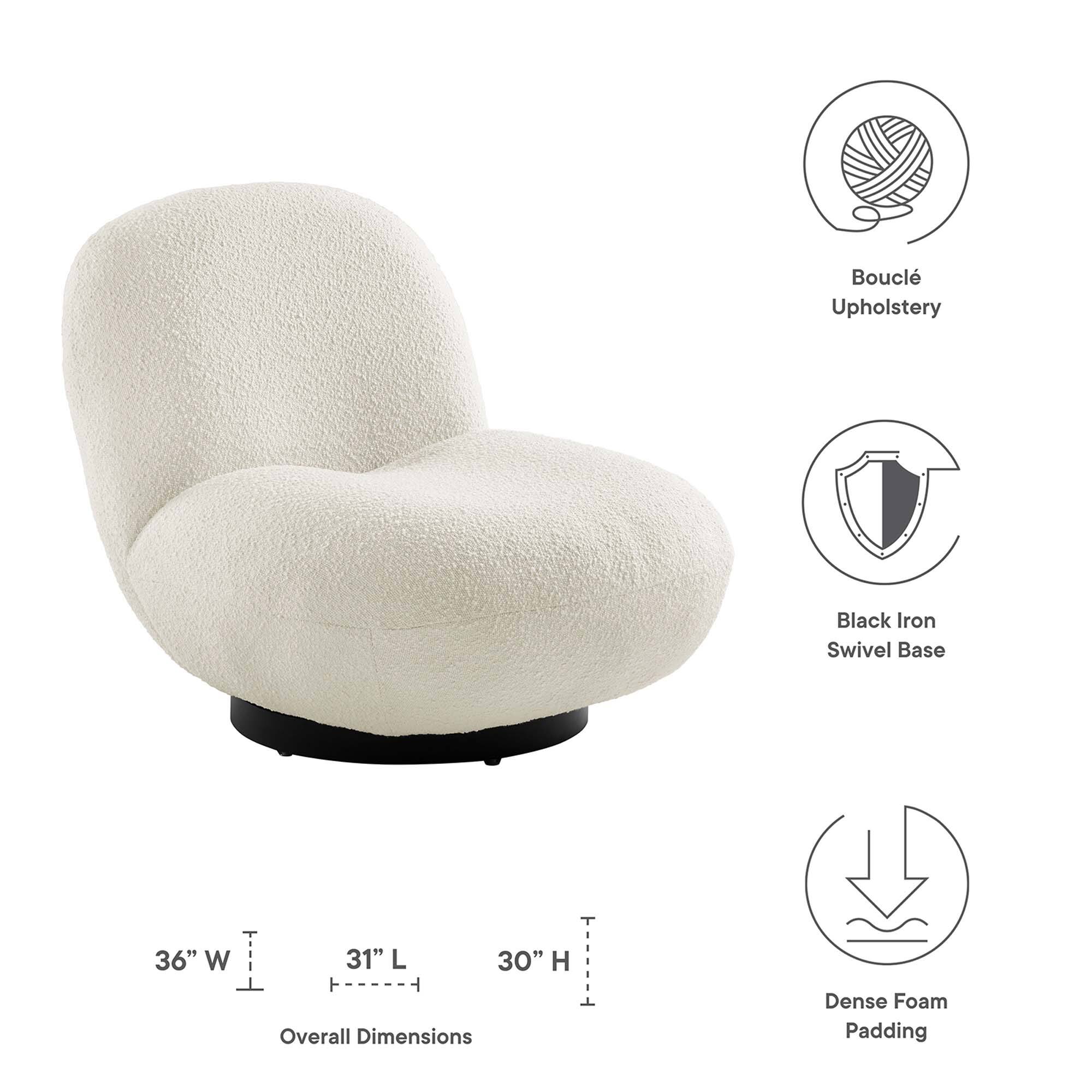 - Bouclé Upholstery
- Black Iron Swivel Base
- Dense Foam Padding
- Overall Dimensions: 36" W x 31" L x 30" H