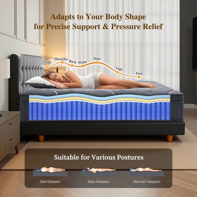 Adapts to Your Body Shape for Precise Support & Pressure Relief

Shoulder  
Head  
Back  
Waist  
Hips  
Legs  
Feet

Suitable for Various Postures

Side Sleepers  
Back Sleepers  
Stomach Sleepers