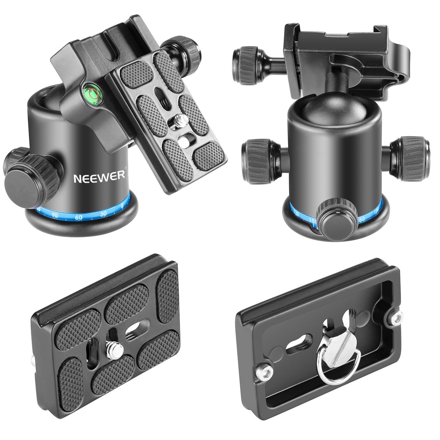 Left. Neewer - 36mm 360° Panoramic Ball Head with Arca QR Plate, 17.6lb Load, Blue.