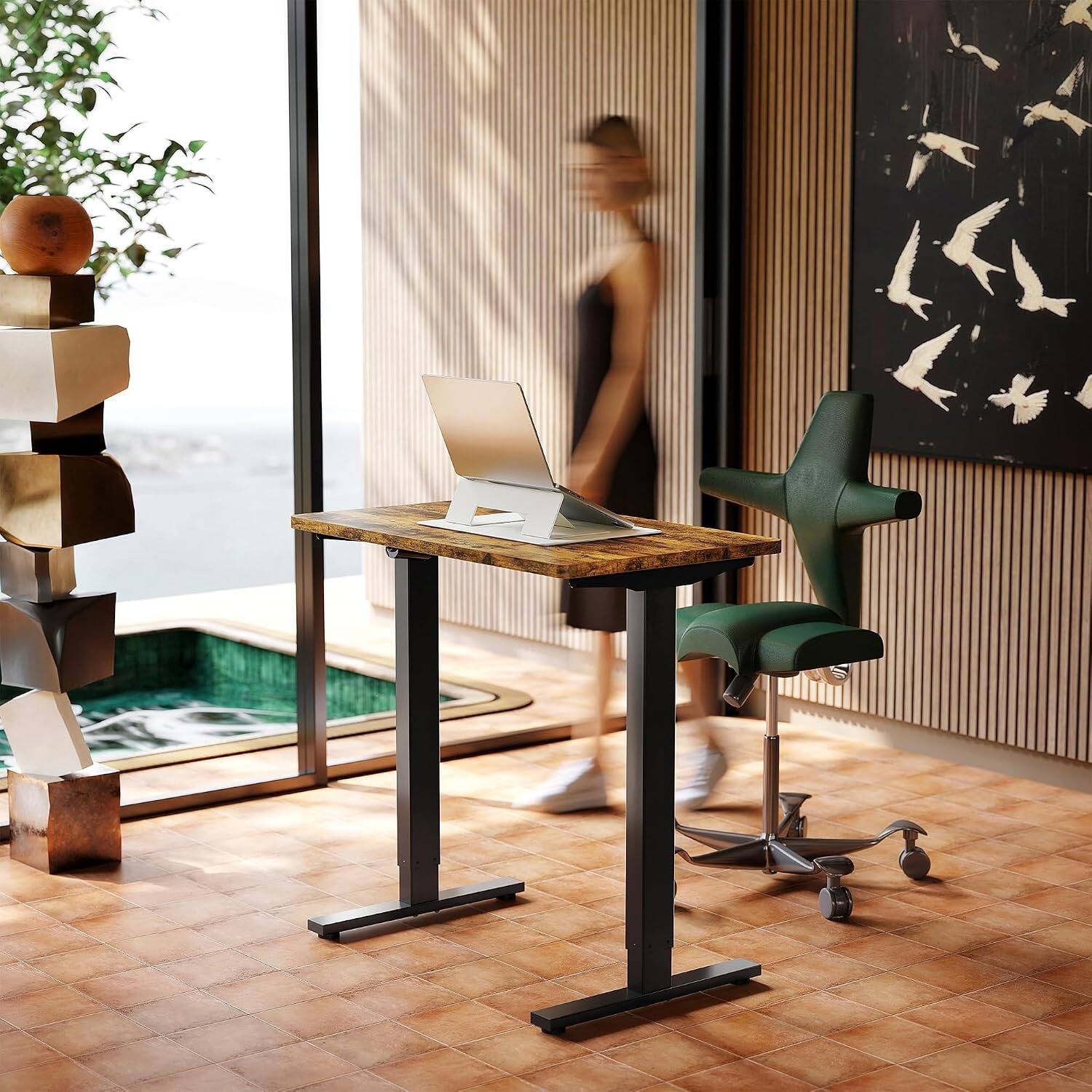 Angle. HUANUO - Electric Standing Desk, 32 Inch Height Adjustable Sit Stand Desk with 4 Memory Presets, Steel Frame for Home Office - Fire cloud color.