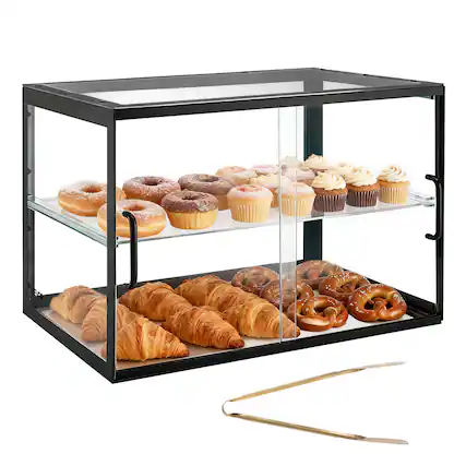 Front. VEVOR - Bakery Display Case, 2-Tier Commercial Countertop Pastry Display Case, Clear Acrylic Bread Box for Kitchen - Black.