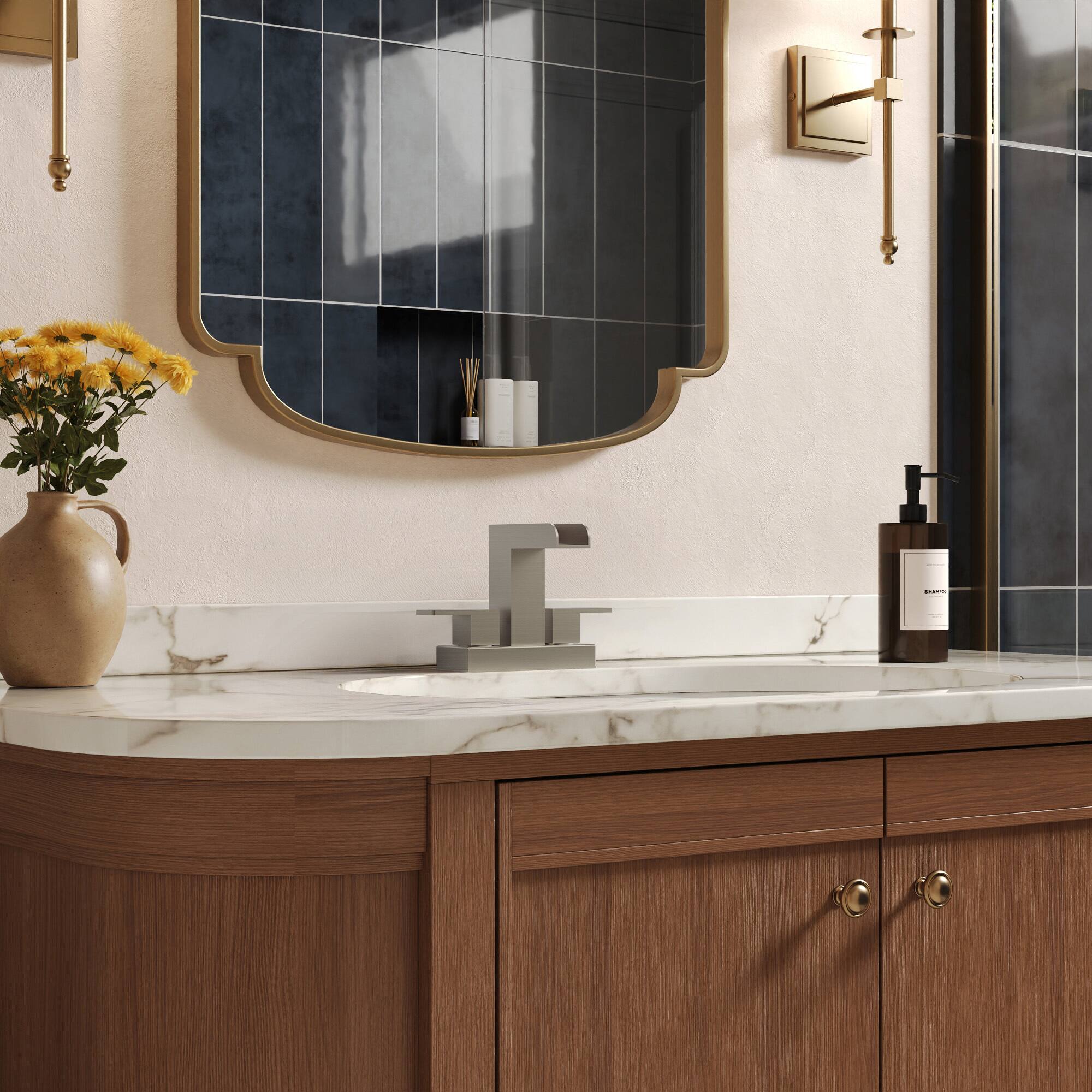 Left. GRANDJOY - Modern Waterfall Bathroom Faucet Dual Handle Rectangular Open-Channel Spout Solid Copper for Vanity Sink - Brushed Nickel.