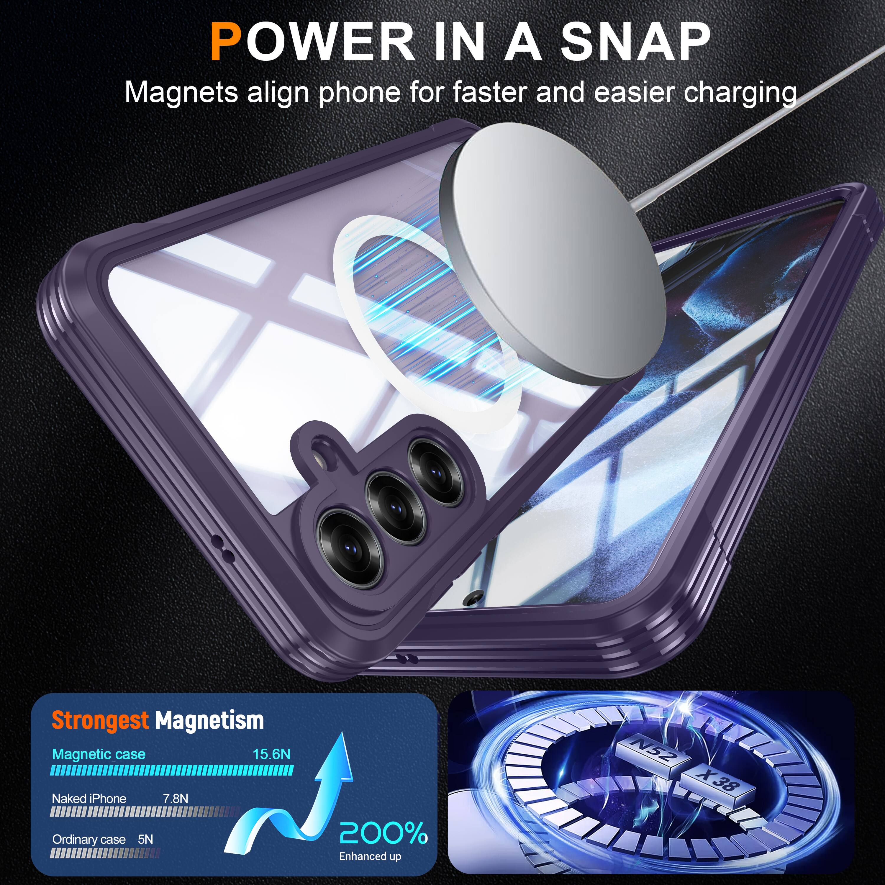 POWER IN A SNAP  
Magnets align phone for faster and easier charging  

Strongest Magnetism  
Magnetic case 15.6N  
Naked iPhone 7.8N  
Ordinary case 5N  

200% Enhanced up  
N52 X38