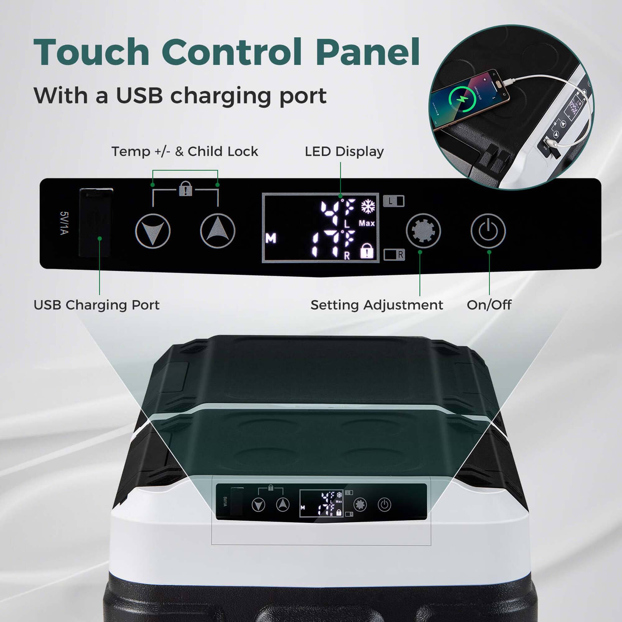 Touch Control Panel with USB charging port, temperature control, child lock, LED display, and 5V/1A USB charging port. The panel also has a setting adjustment feature for on/off.