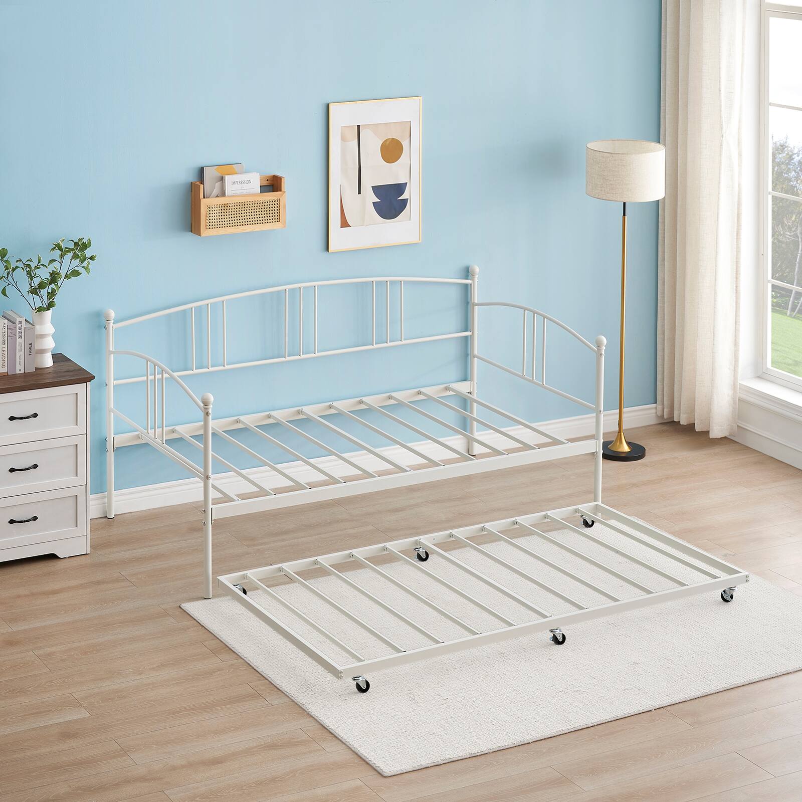 Back. Homhougo - Twin Rectangular Twin Metal Daybed with Trundle, Sofa Bed Frame with 6 Casters and Steel Slat Support - White.