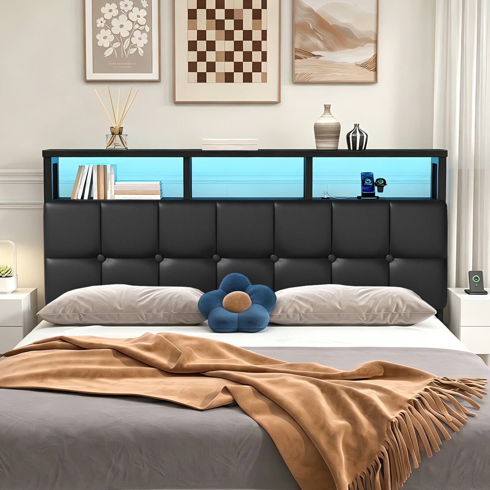 Angle. Pinmoco - Upholstered Headboard with Storage, Charging Station & LED Light, Headboard Only - Black.