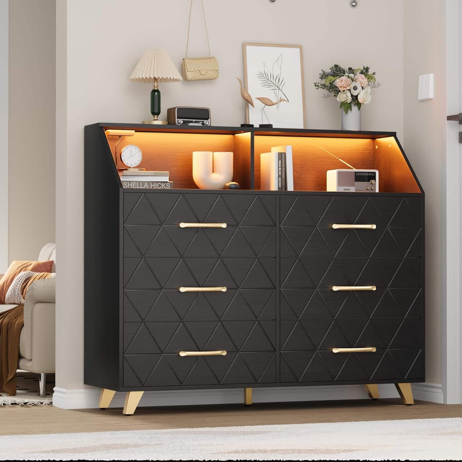 GARVEE - 47" Dresser with 6 Drawers, Lighted Modern Chest Cabinet with Storage Shelf and 5 Metal Legs for Bedroom or Living Room - ‎Black
