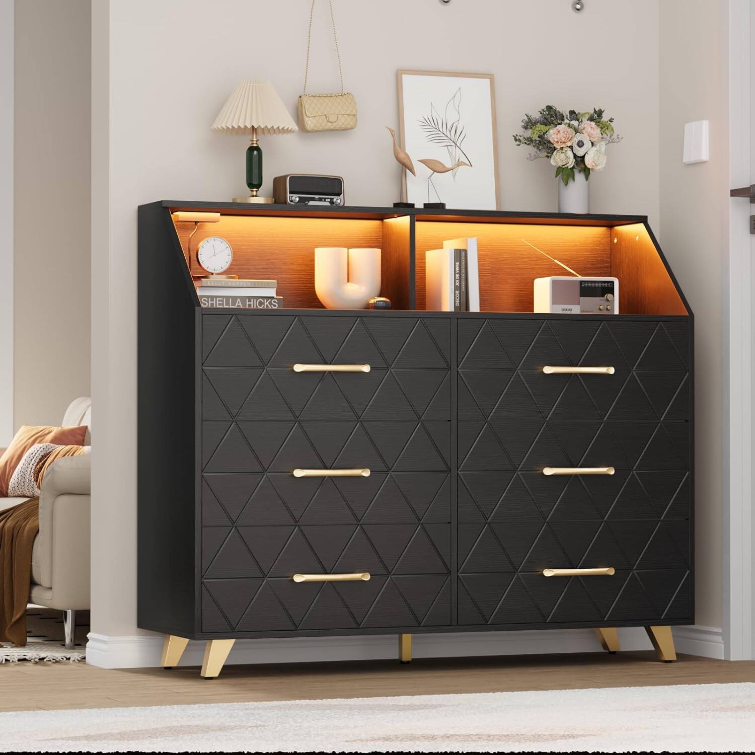 GARVEE - 47" Dresser with 6 Drawers, Lighted Modern Chest Cabinet with Storage Shelf and 5 Metal Legs for Bedroom or Living Room - Black
