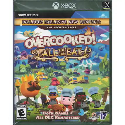 XBOX SERIES X
XBOX SERIES X
4K ULTRA HD
INCLUDES EXCLUSIVE NEW CONTENT:
THE PECKISH RISES
OVERCOOKED!
ALL YOU CAN EAT
EVERYONE
ESRB
BOTH GAMES + ALL DLC REMASTERED
team GHOST TOWN 17 - E (Everyone)