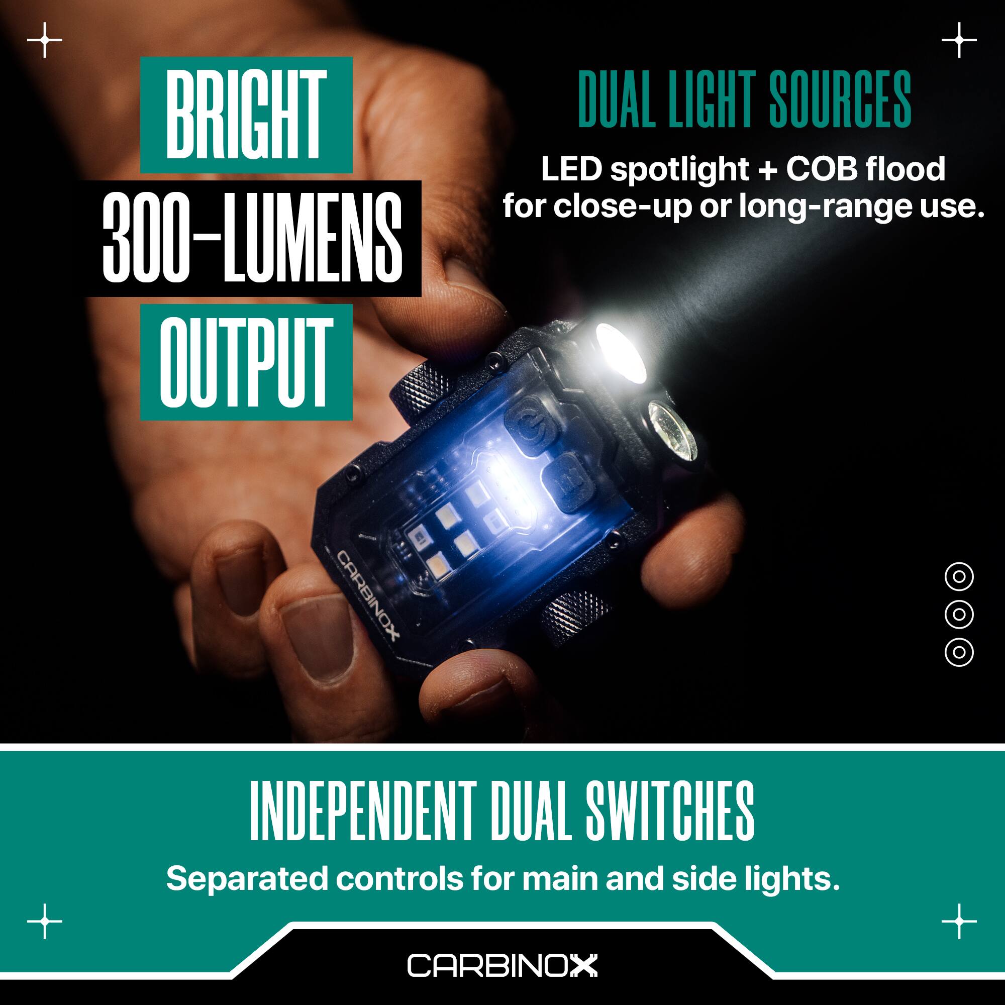 - BRIGHT DUAL LIGHT SOURCES
  - LED spotlight + COB flood for close-up or long-range use.
- 300-LUMENS OUTPUT
- INDEPENDENT DUAL SWITCHES
  - Separated controls for main and side lights.

CARBINOX