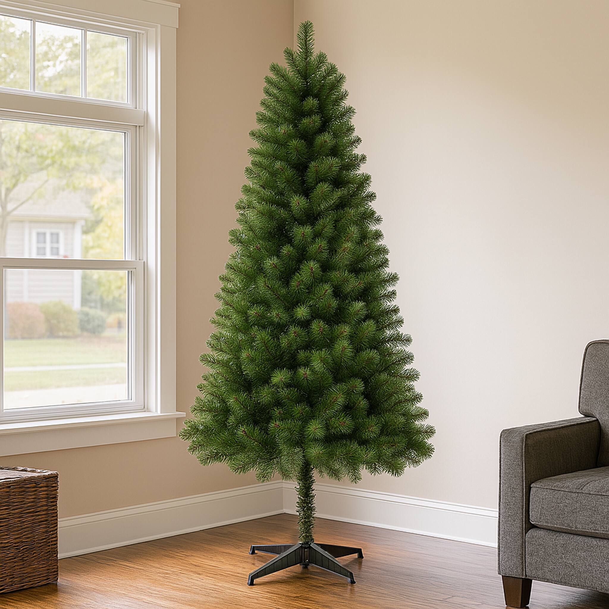 Angle. MOOSOO - 6FT Artificial Christmas Tree with 490 Tips, PVC Full Branches, Green Holiday Tree with 4-Leg Plastic Stand - Green.