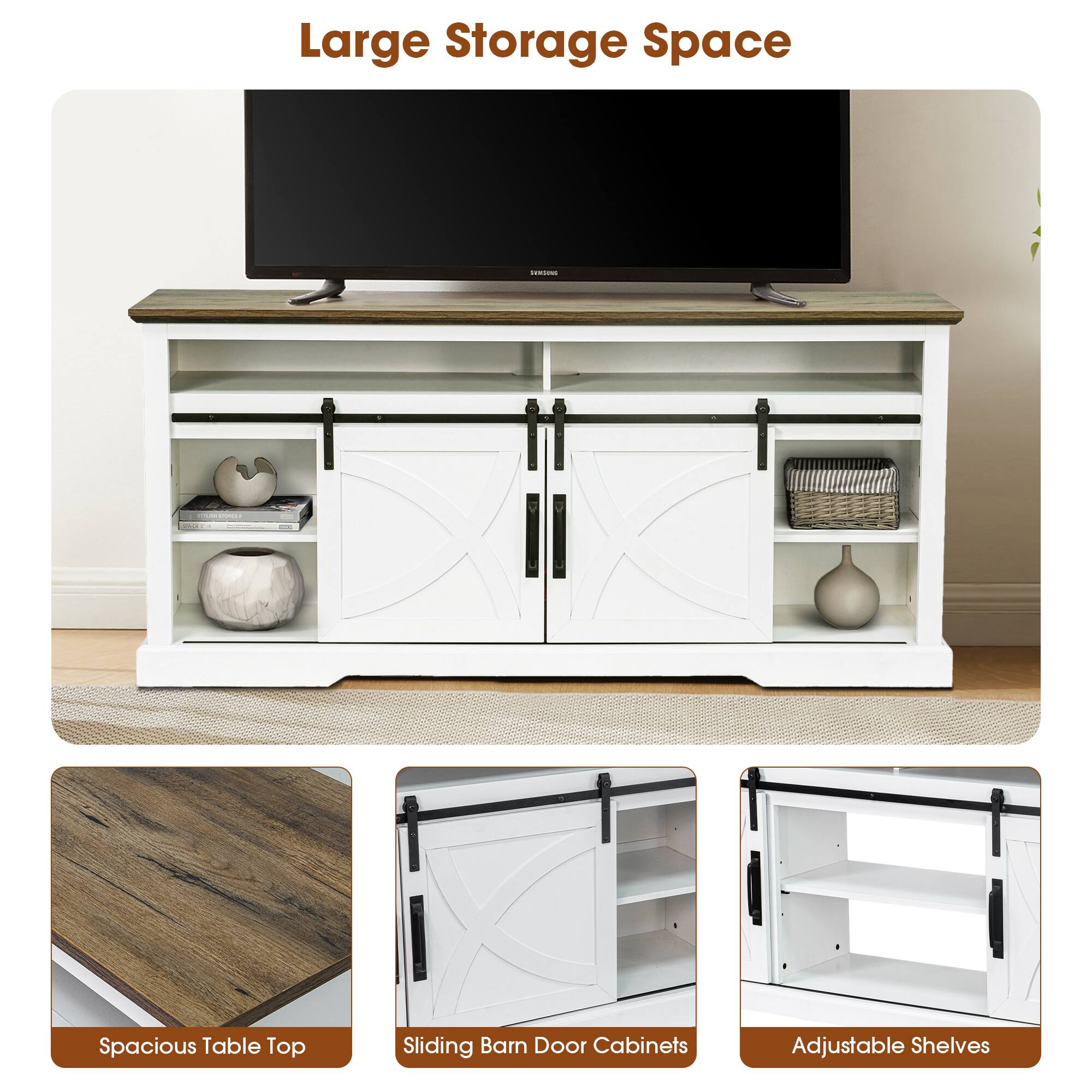 Large Storage Space

Spacious Table Top

Sliding Barn Door Cabinets

Adjustable Shelves
