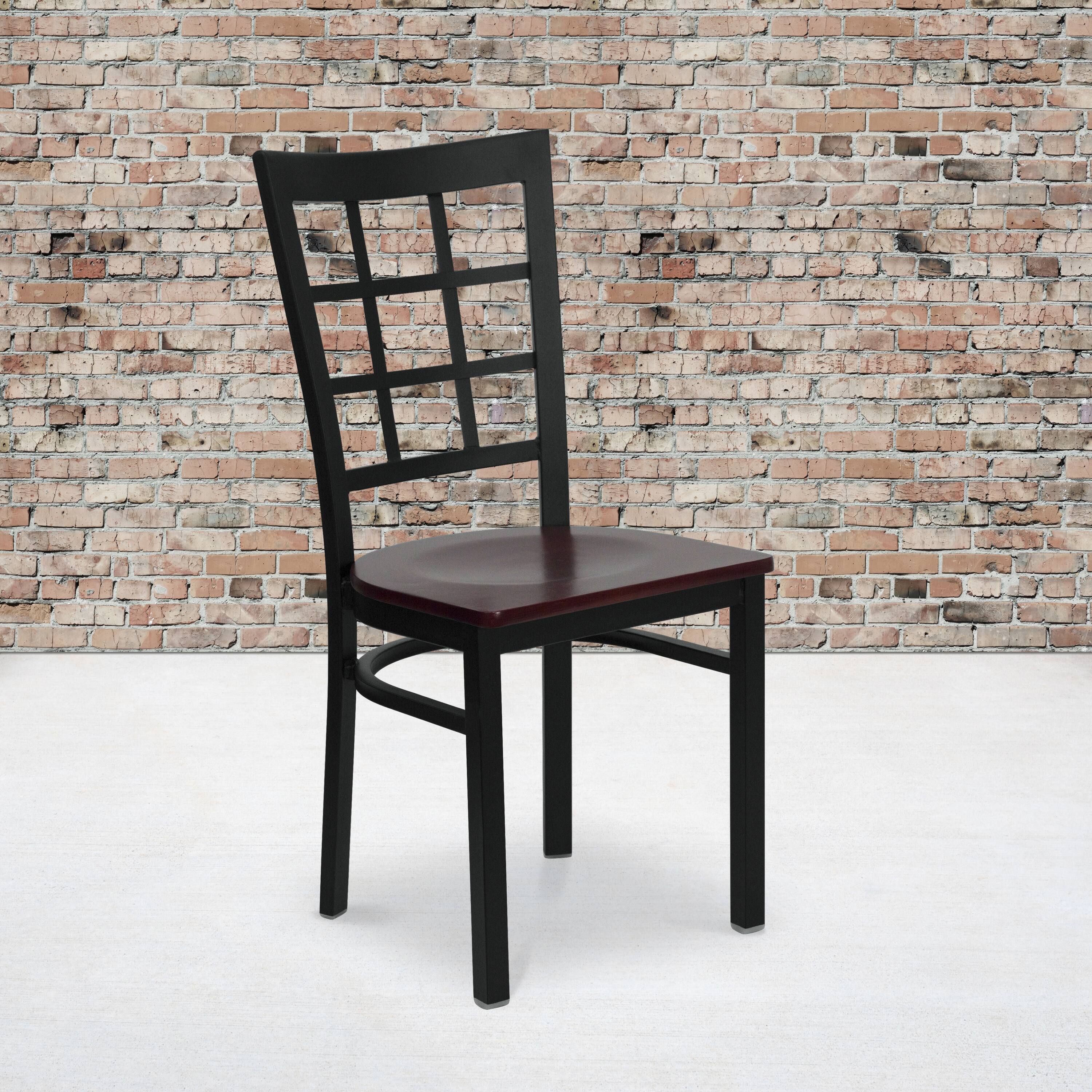 Alt View 1. Emma + Oliver - Window Back Metal Restaurant Dining Chair - Mahogany Wood Seat/Black Metal Frame.