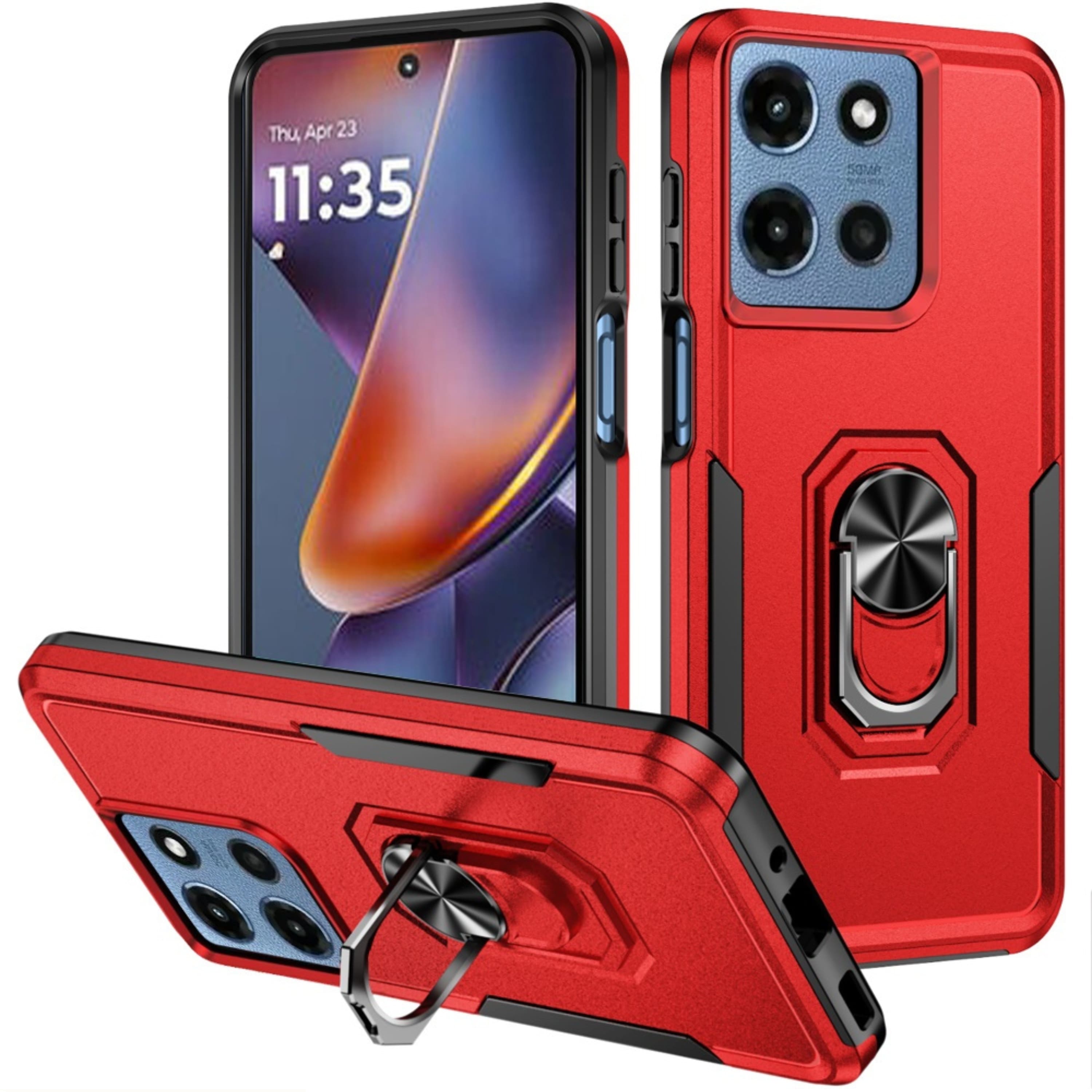 Kitcheniva - Hard Outer Shell Soft Inner Rubber Phone Case With Metal Ring Stand Tempered Glass For Moto G 2025/2026/G Play 2026 - Red price history on PriceWatchPro