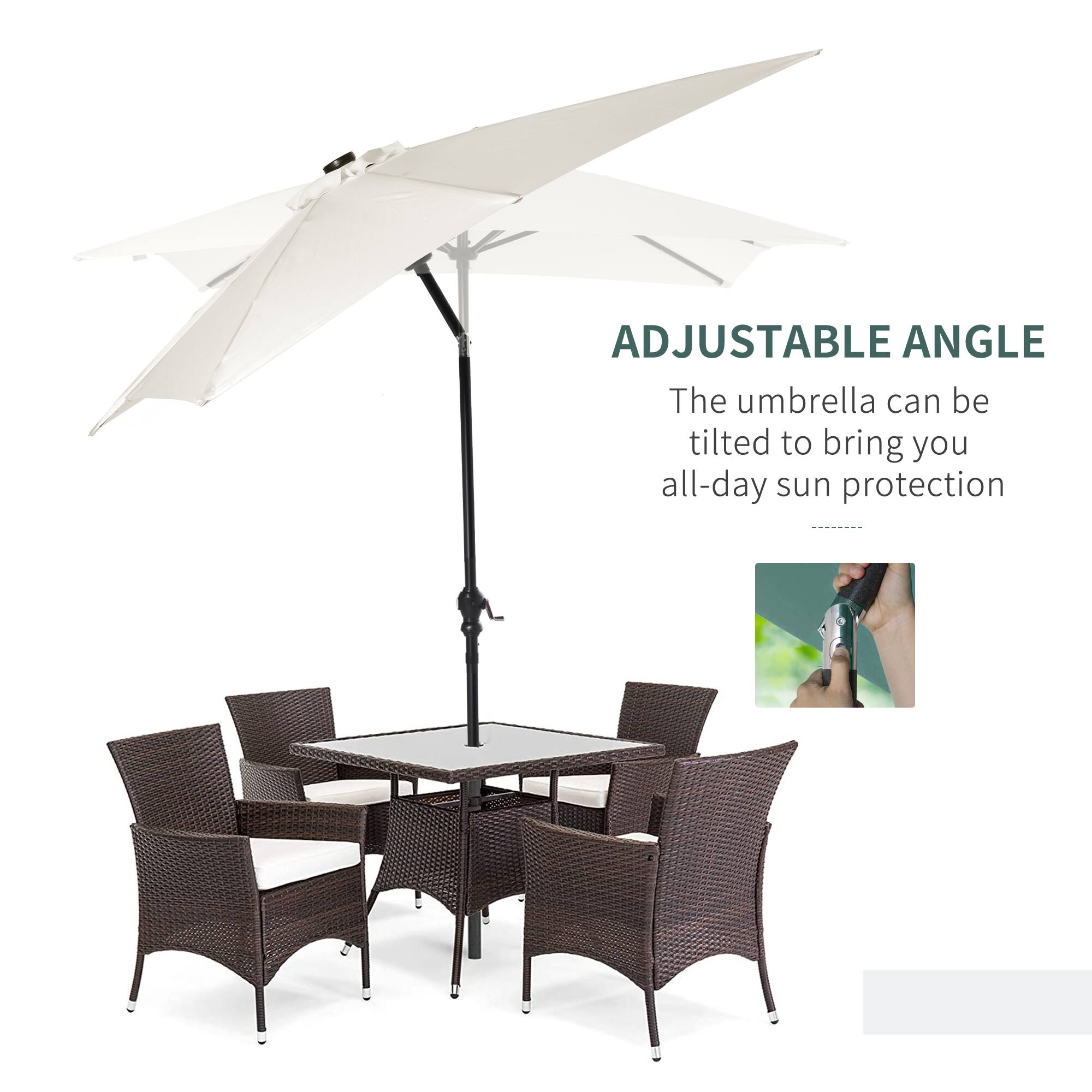 ADJUSTABLE ANGLE
The umbrella can be tilted to bring you all-day sun protection