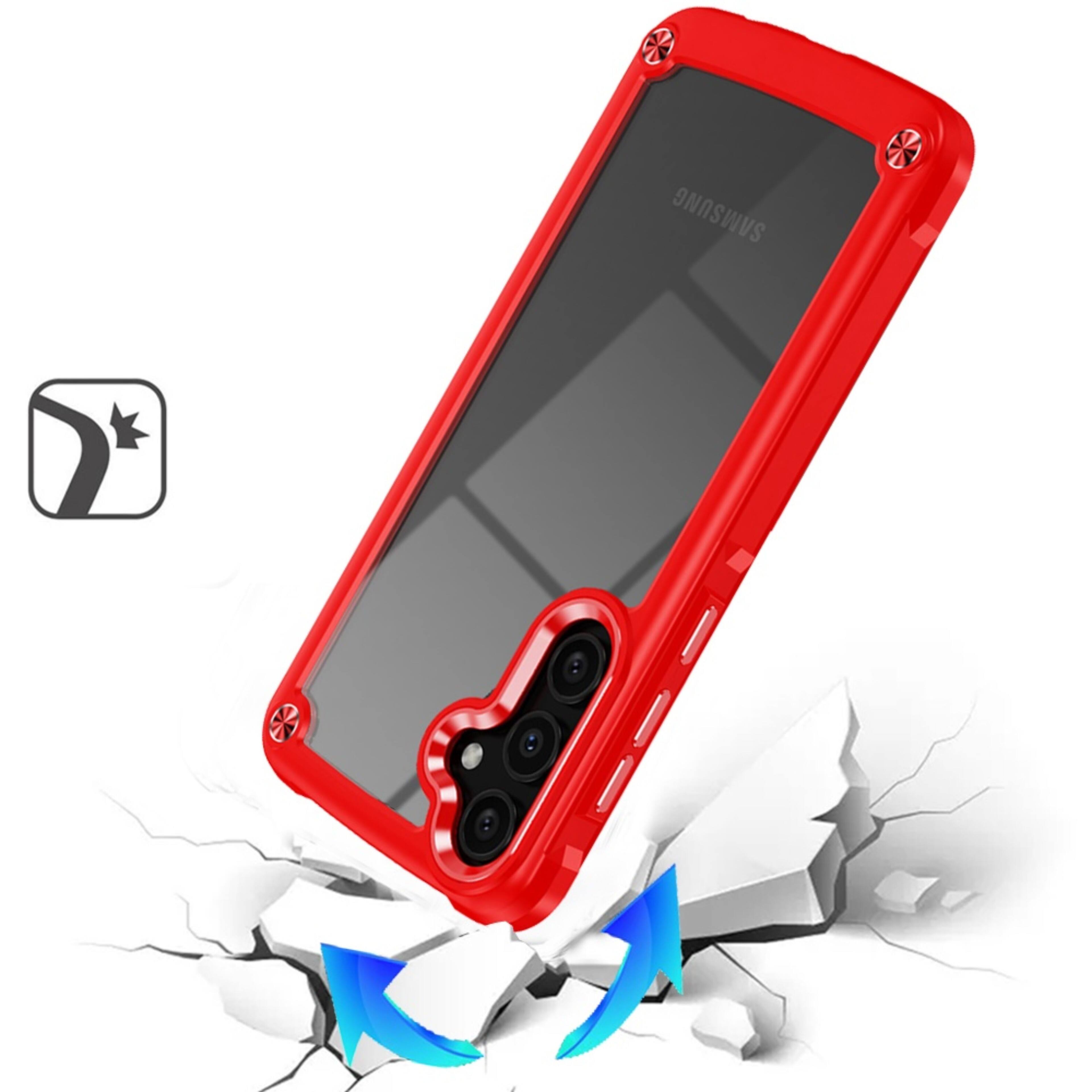 Left. Kitcheniva - Hybrid With Metal Buttons Raised Bezel Plus Tempered Glass For Samsung S25/S24 Red - Red.