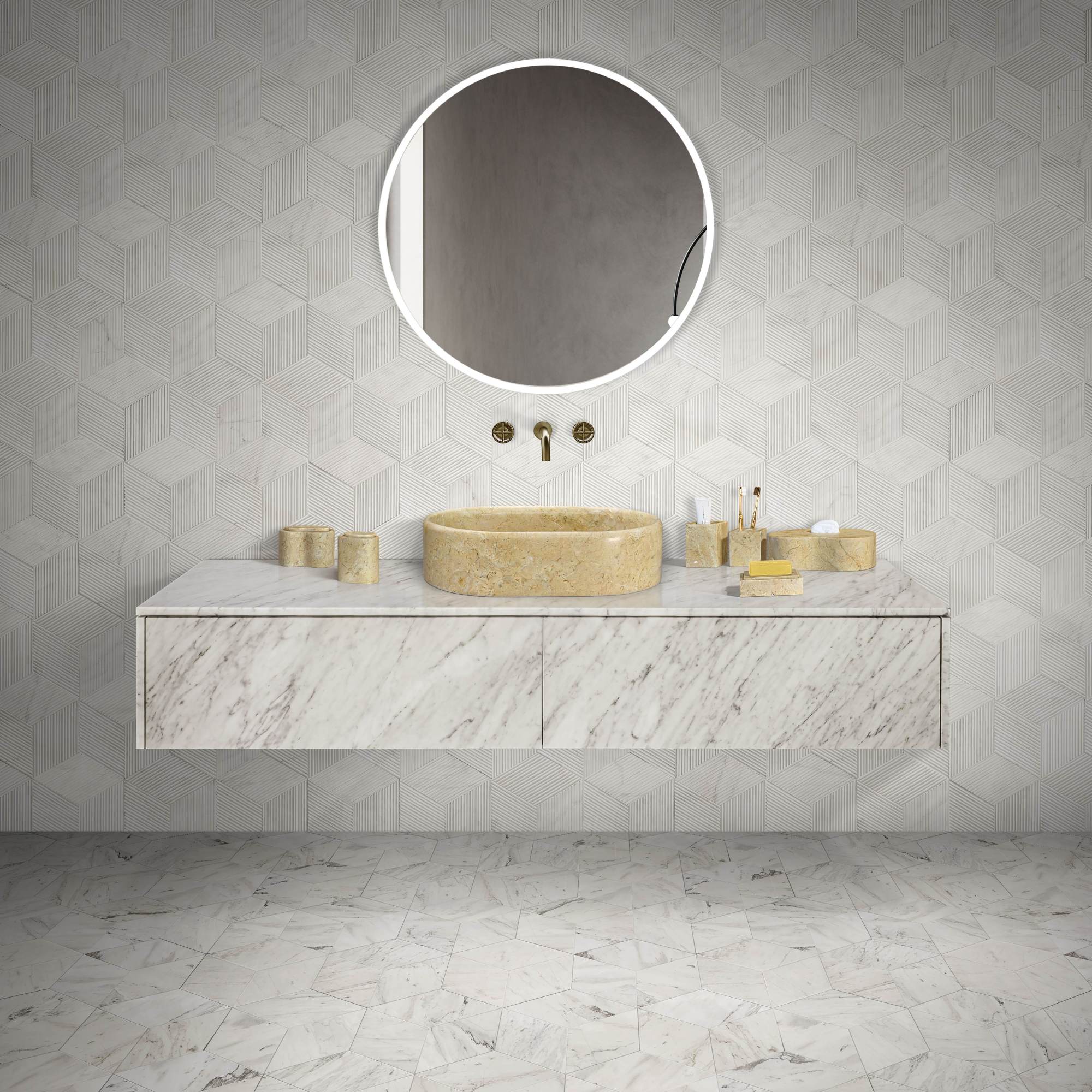 Angle. ELEMENT ACE - Luxury Polished Natural Marble Bathroom Vessel Sink with Elegant Golden Veins and Spacious Oval Basin - Beige+Gold.