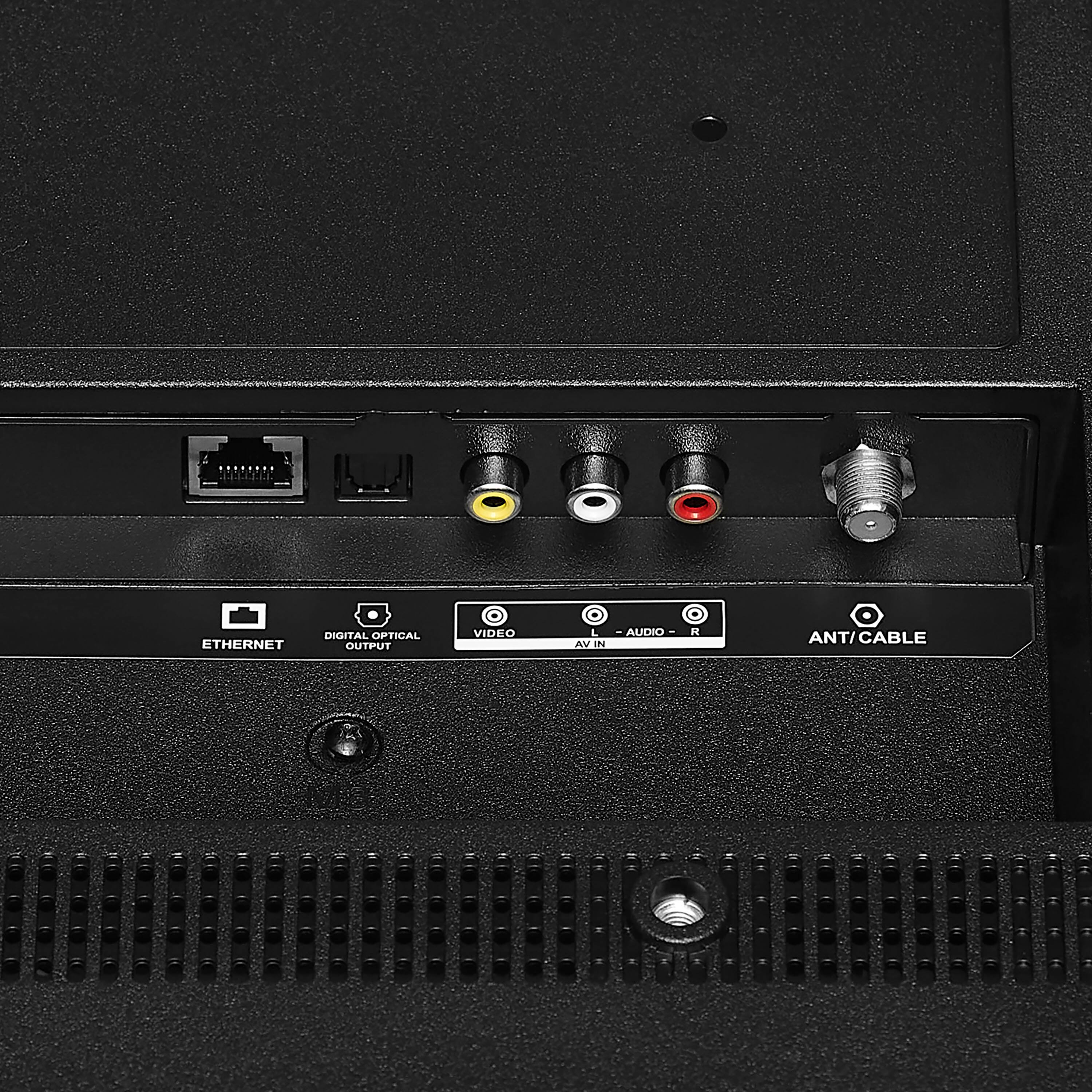 The text on the image reads: "Ethernet, Digital Optical Output, Video AV In, Audio - R/L Ant/Cable."