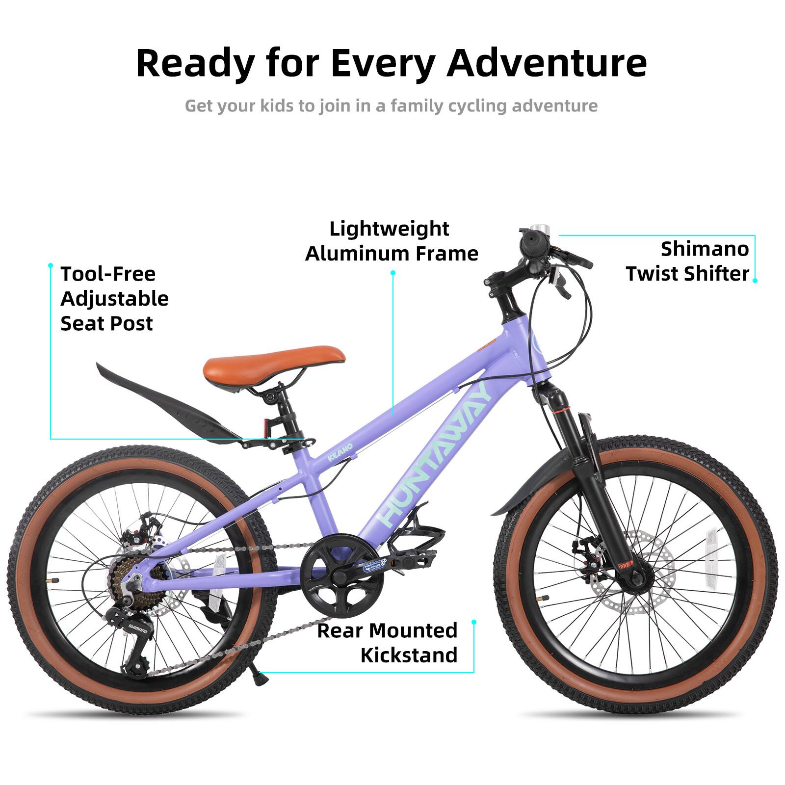 Ready for Every Adventure  
Get your kids to join in a family cycling adventure  

- Tool-Free Adjustable Seat Post  
- Lightweight Aluminum Frame  
- Shimano Twist Shifter  
- Rear Mounted Kickstand